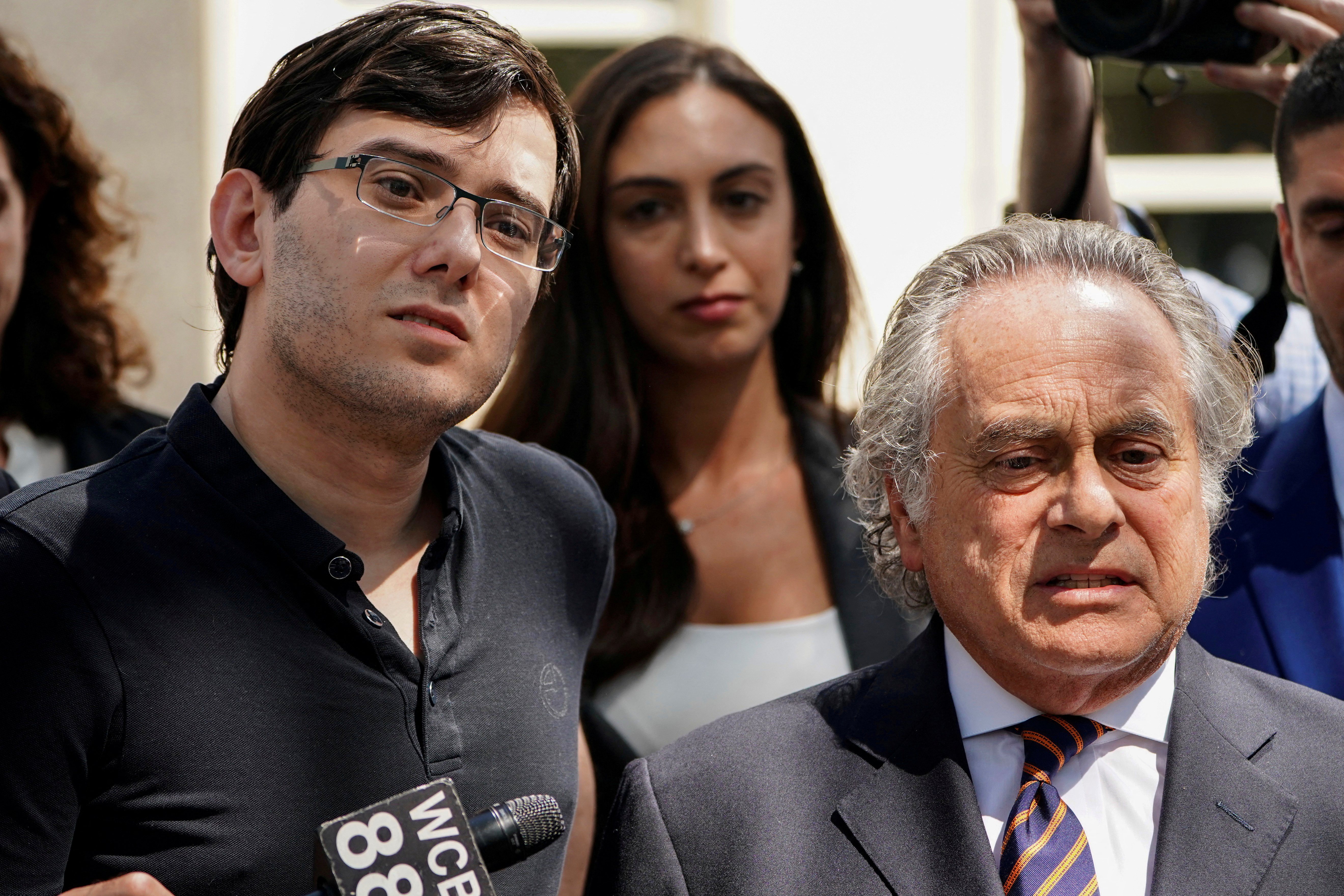 Former drug company executive Martin Shkreli stands with his attorney Benjamin Brafman after exiting U.S. District Court upon being convicted of securities fraud, in the Brooklyn borough of New York City