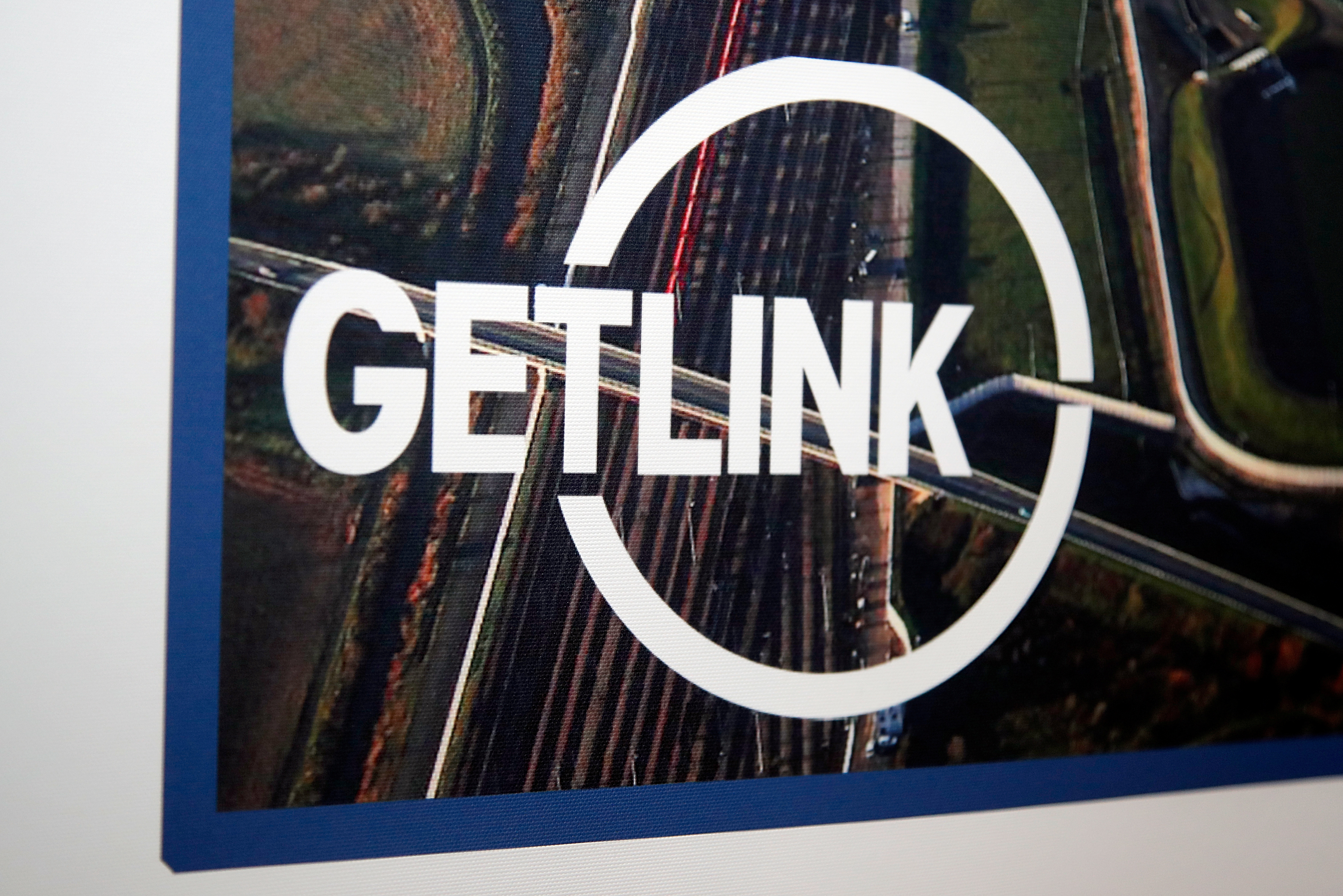 The logo of Channel tunnel operator Getlink, formerly known as Eurotunnel, is seen during the company's 2018 annual results presentation in Paris