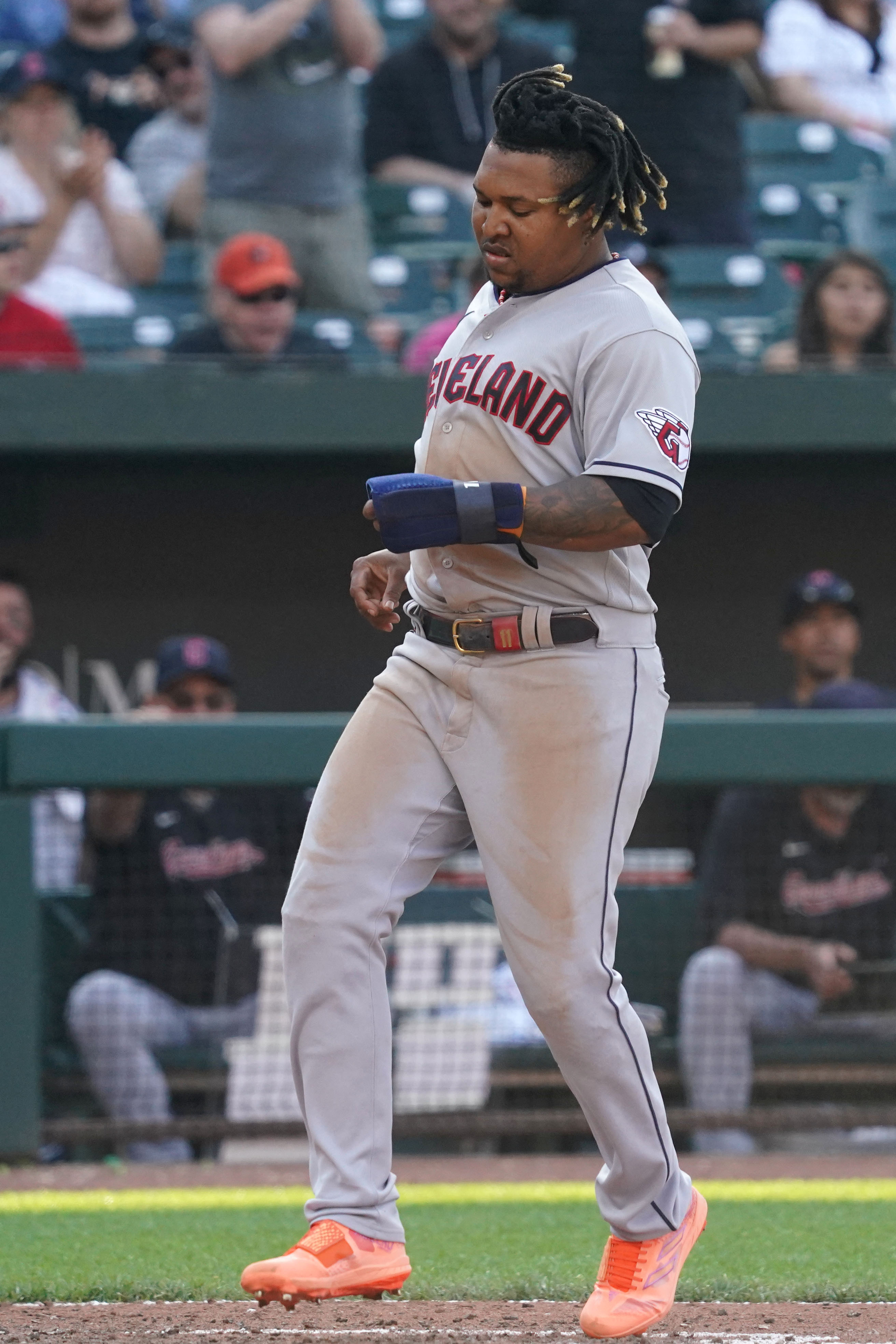 Baltimore, United States. 29th May, 2023. Cleveland Guardians first baseman Josh  Naylor (22) making contact with the pitch in the top of the third inning  against the Baltimore Orioles at Oriole Park