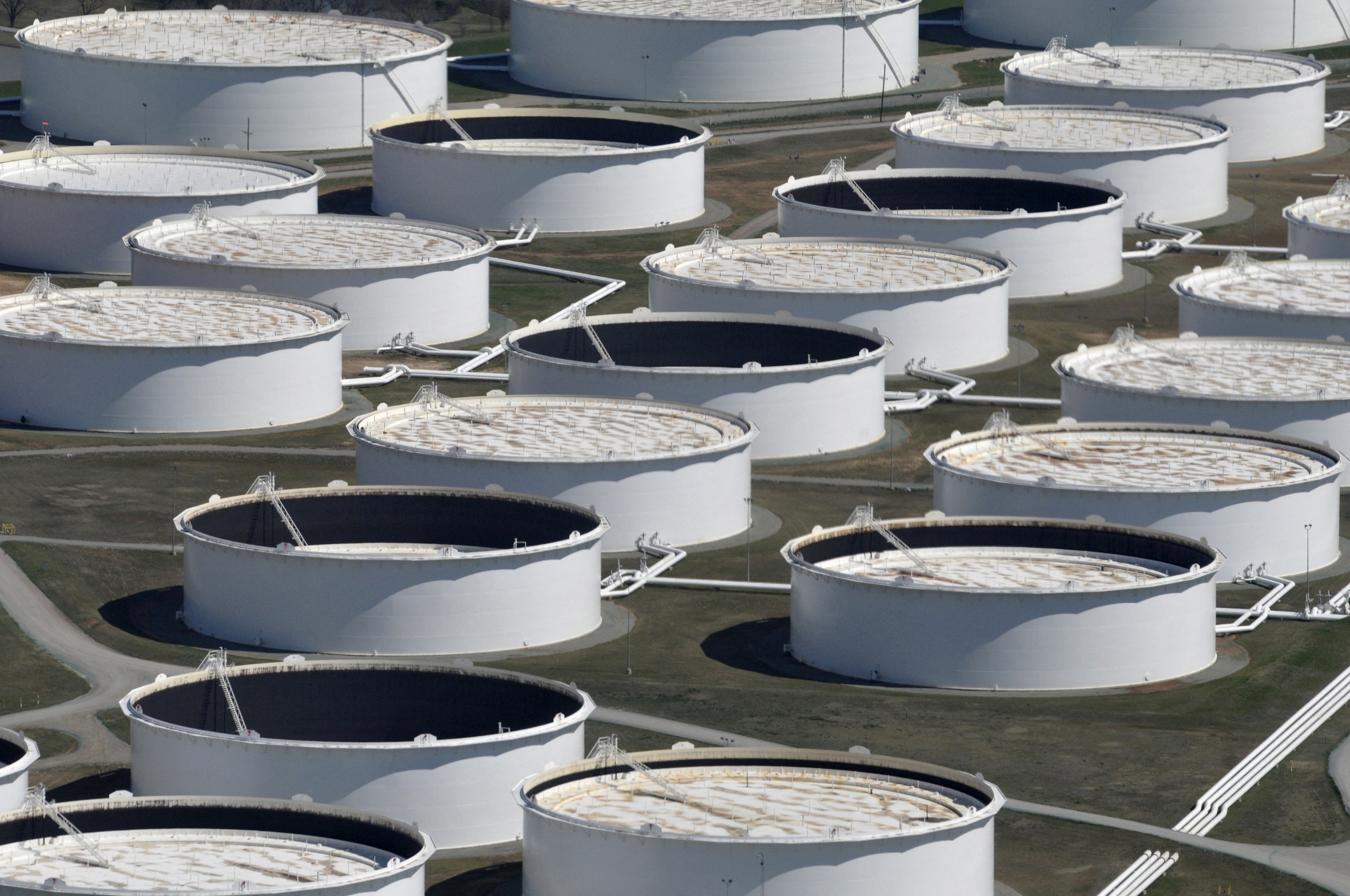 Crude oil storage tanks seen from above at the Cushing Oil Center in Cushing