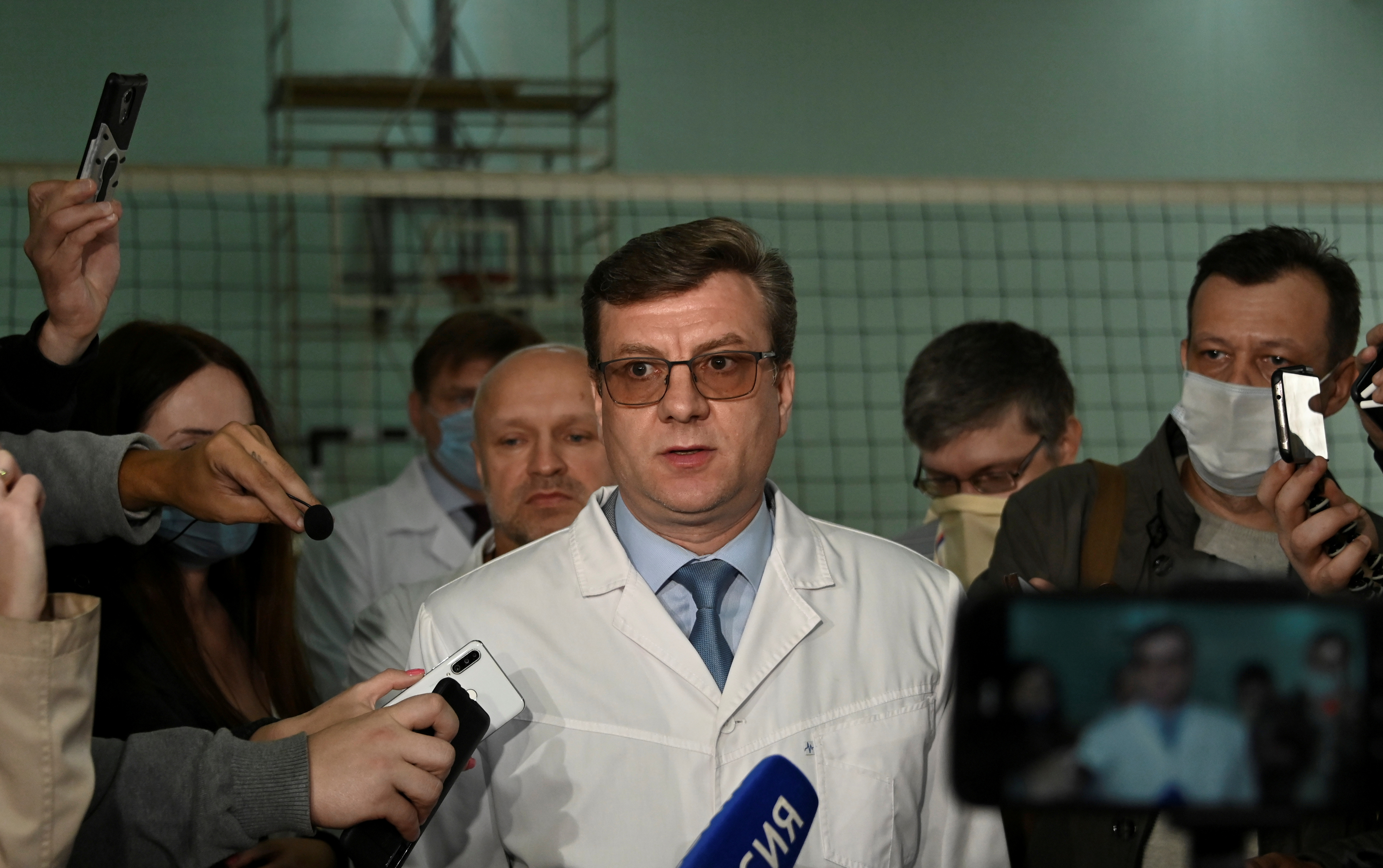 Alexander Murakhovsky, chief doctor of a hospital, where Alexei receives medical treatment, speaks with the media in Omsk