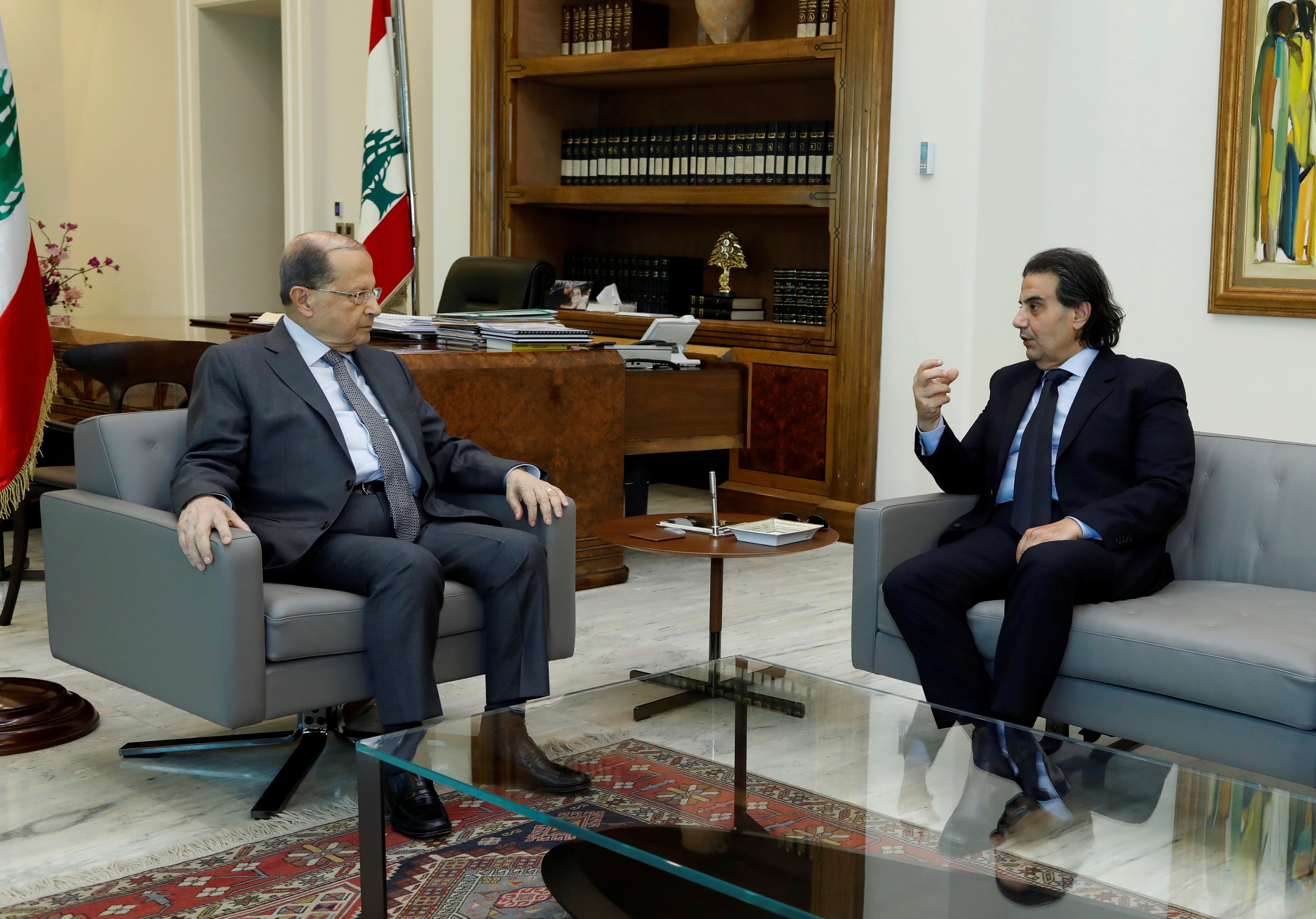 Lebanon's President Michel Aoun meets with Lebanese composer Samir Sfeir at the presidential palace in Baabda, Lebanon March 1, 2018. Picture taken March 1, 2018. Dalati Nohra/Handout via REUTERS ATTENTION EDITORS - THIS IMAGE WAS PROVIDED BY A THIRD PARTY