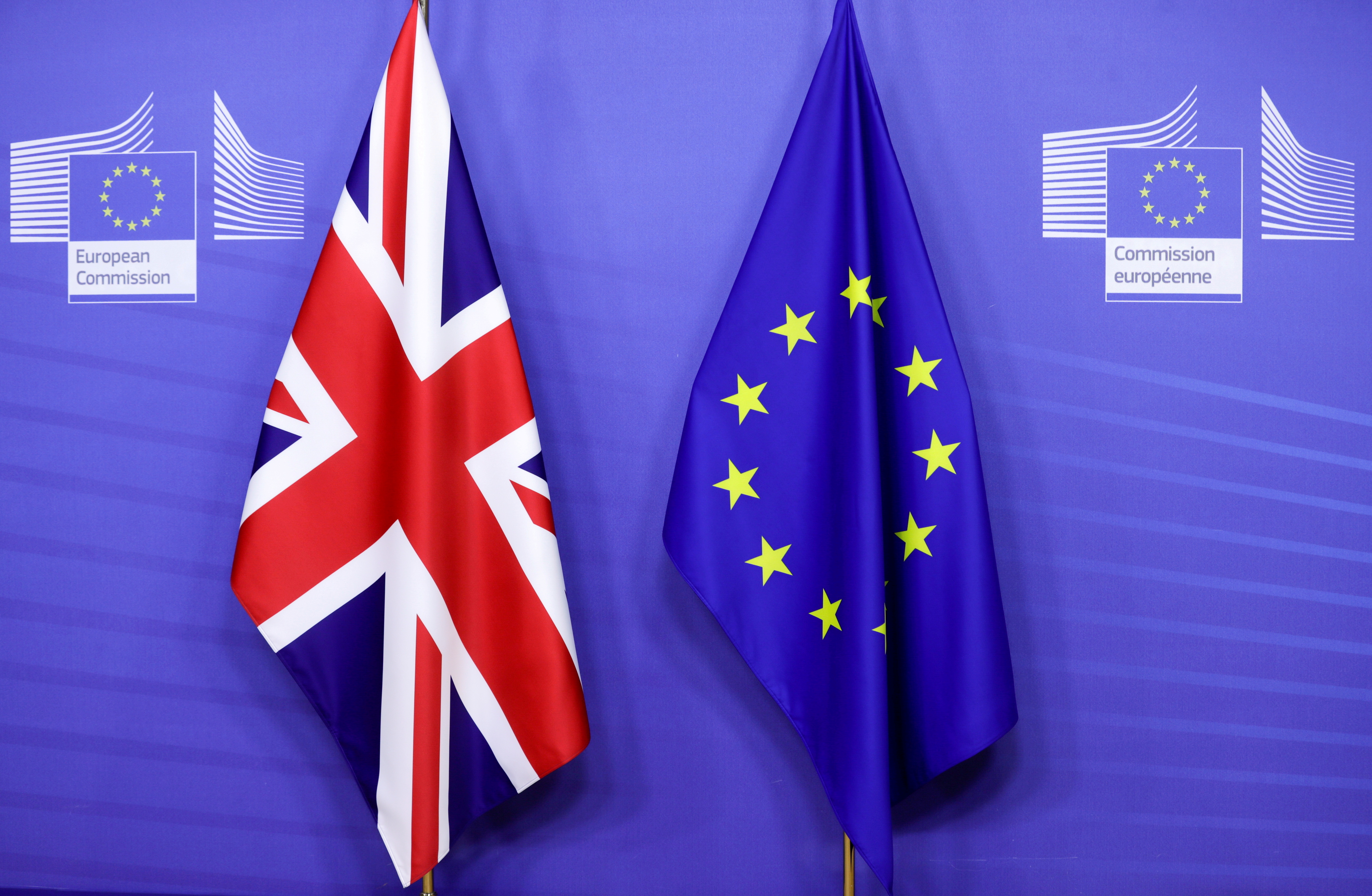 British and European Union flags are seen ahead of a meeting of European Commission President Ursula von der Leyen and British Prime Minister Boris Johnson in Brussels