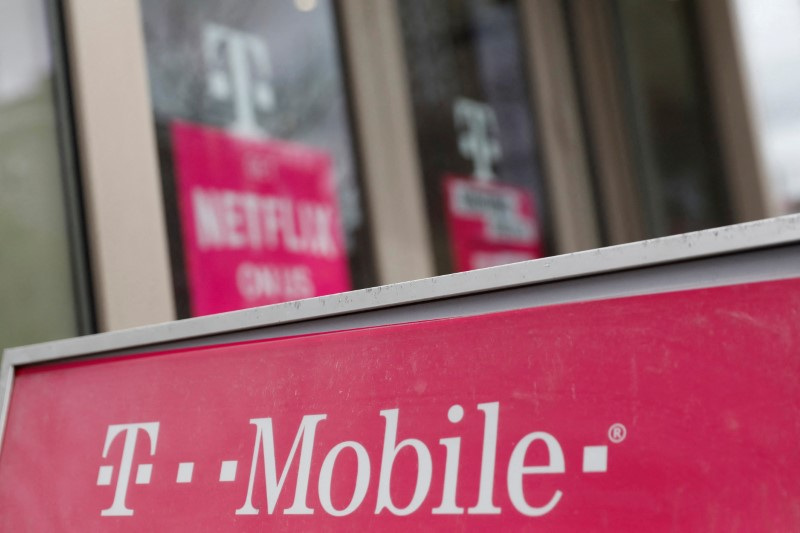 A sign for a T-Mobile store is seen in Manhattan, New York