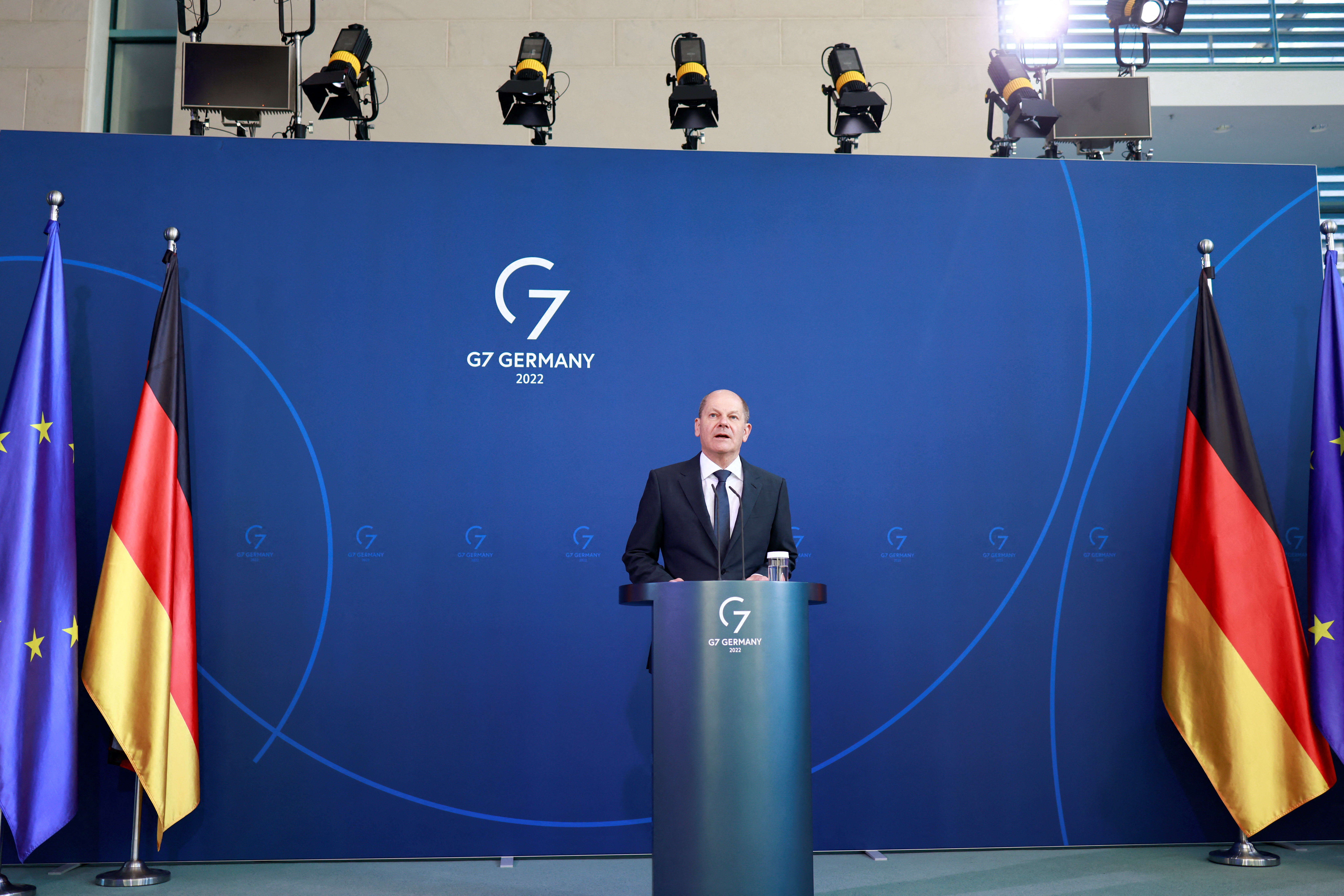 German Chancellor Olaf Scholz gives a press statement at the Chancellery in Berlin