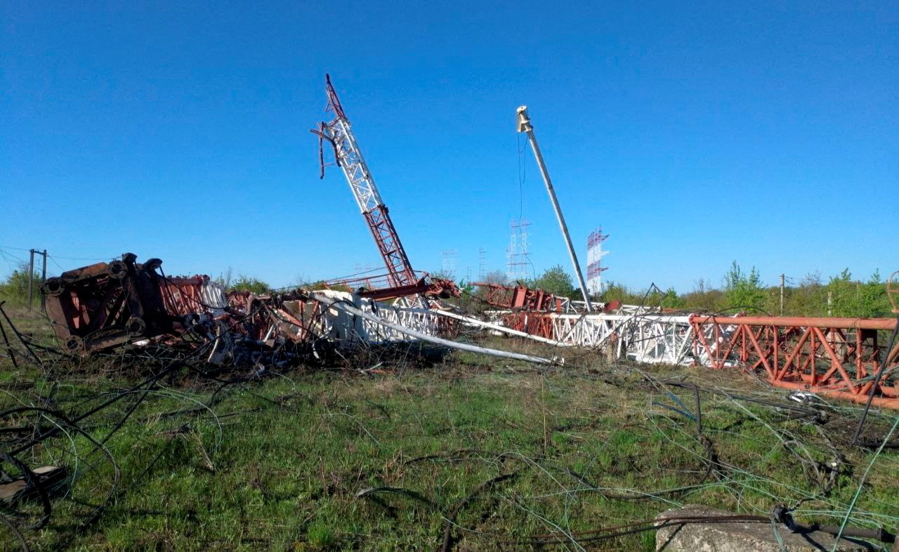 A view of toppled Pridnestrovian radio centre antennas, also known as 