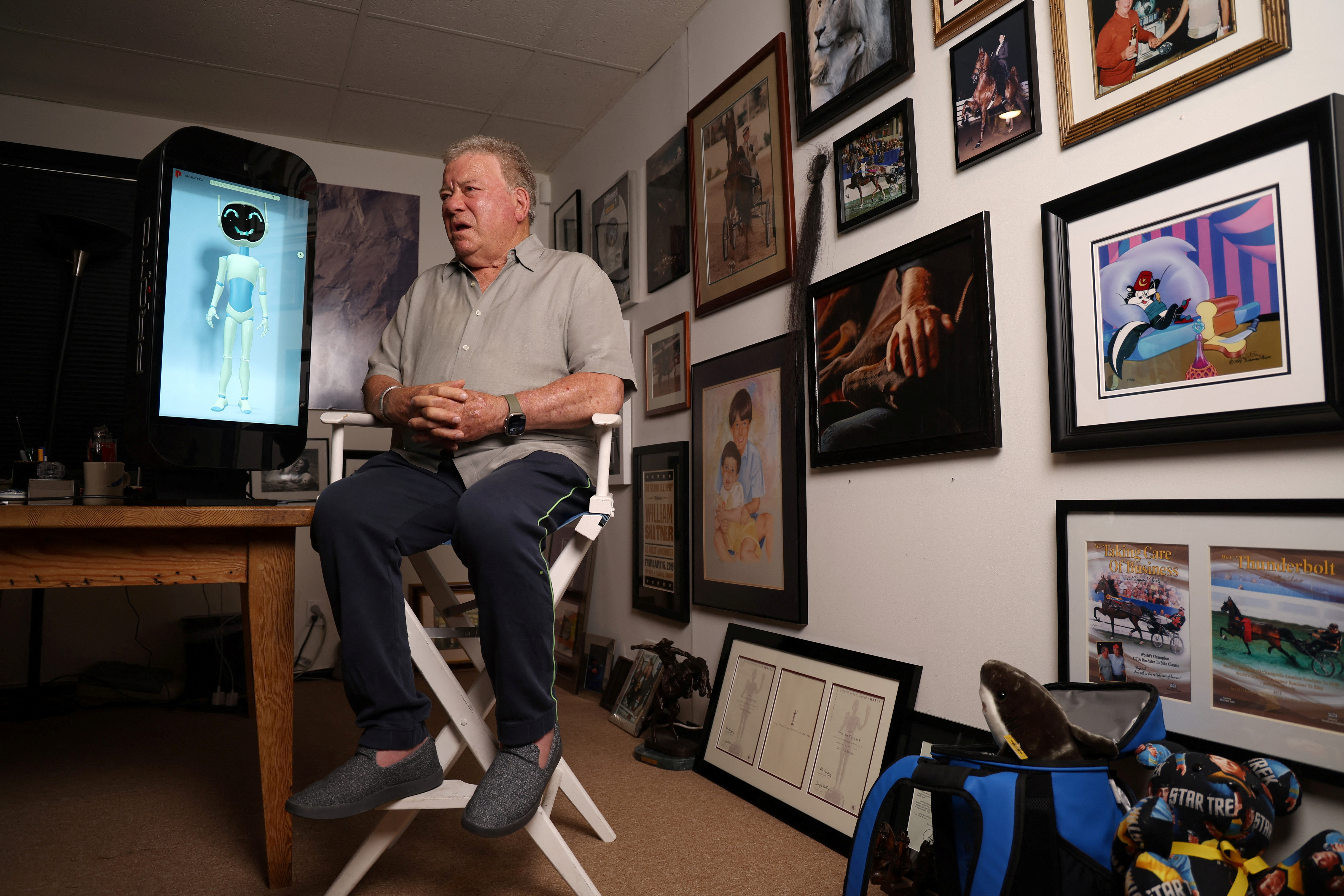 Actor William Shatner shows a ProtoBot M AI (Artificial Intelligence) unit at his office in Studio City