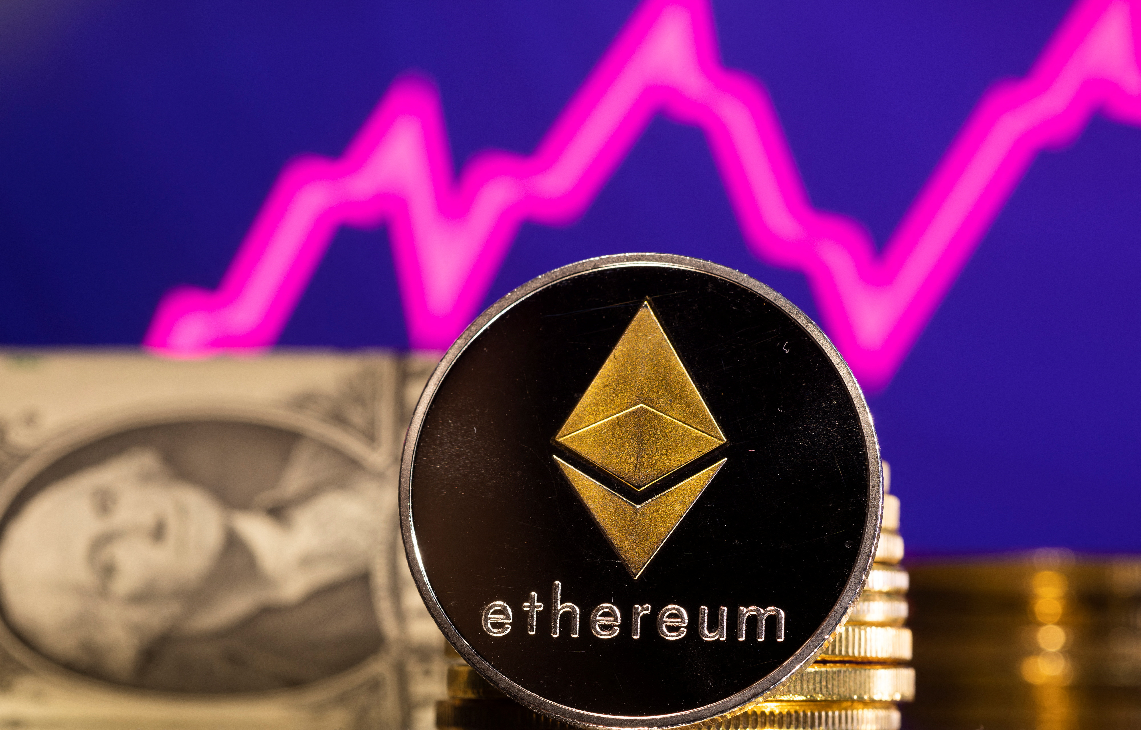 Illustration shows representations of cryptocurrency Ethereum