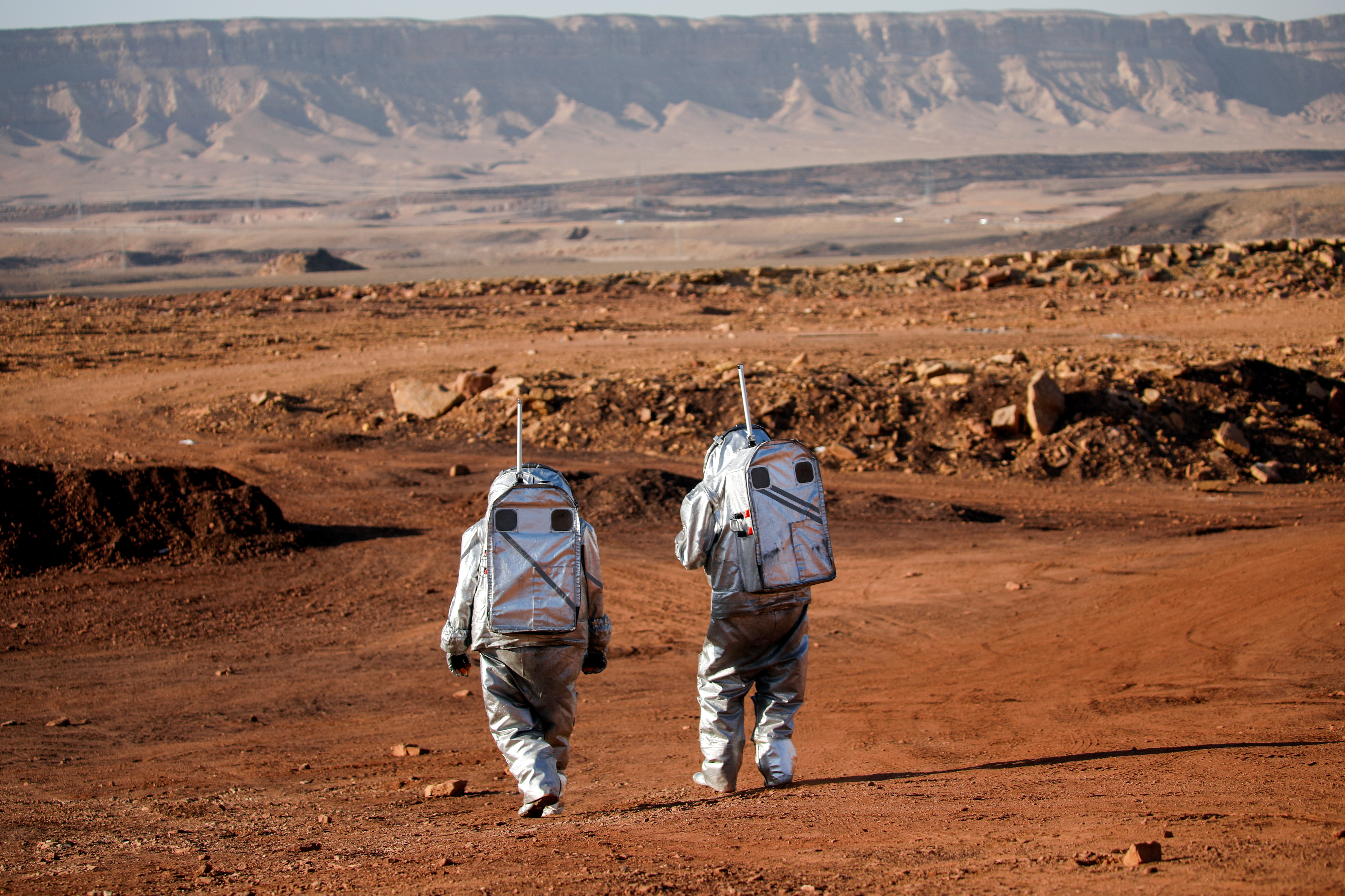 Scientists participate in a demonstration of an experiment led by Austrian and Israeli agencies simulating a mission to Mars near Mitzpe Ramon
