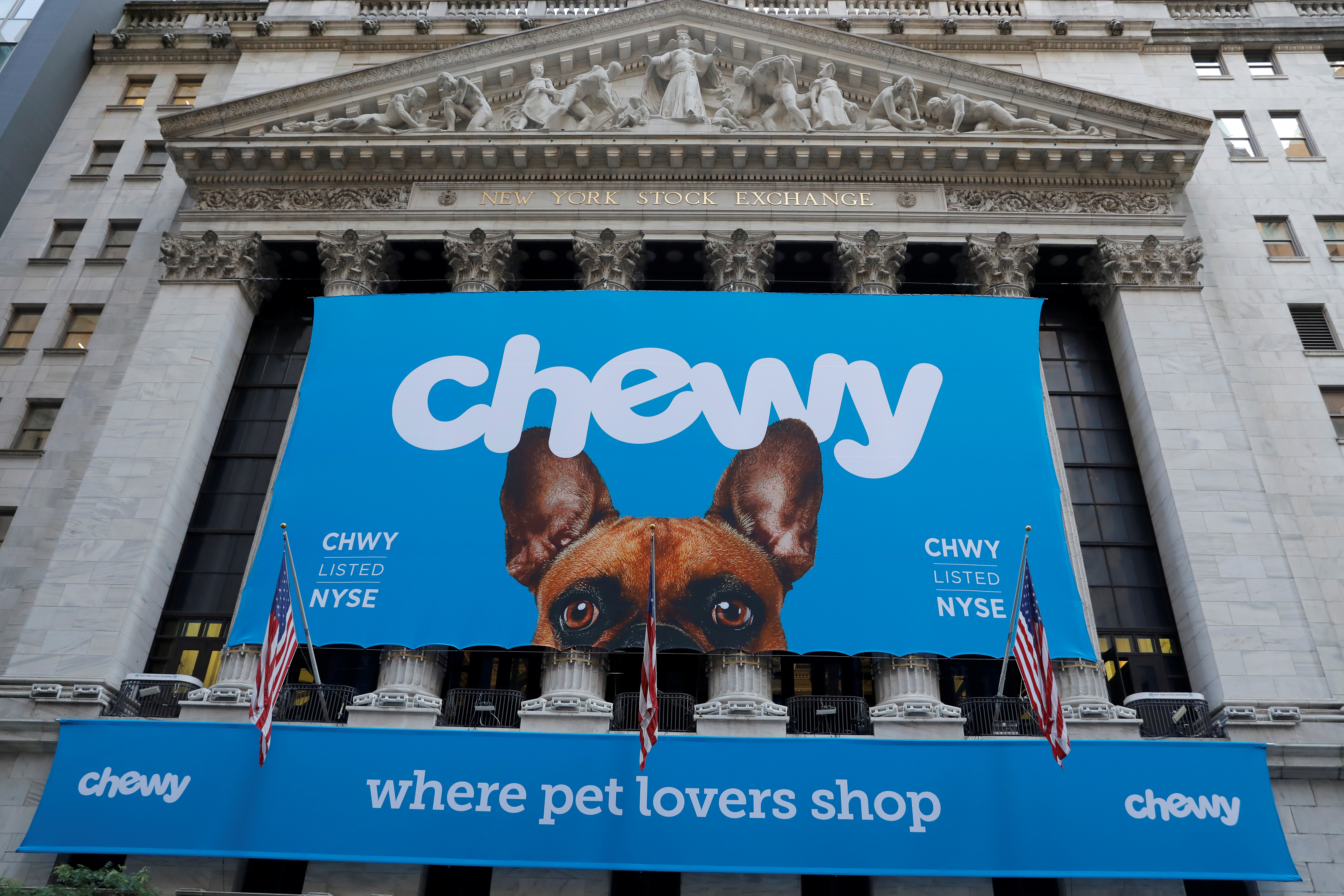 Signage is seen ahead of the IPO for Chewy Inc. at the New York Stock Exchange (NYSE) in New York City