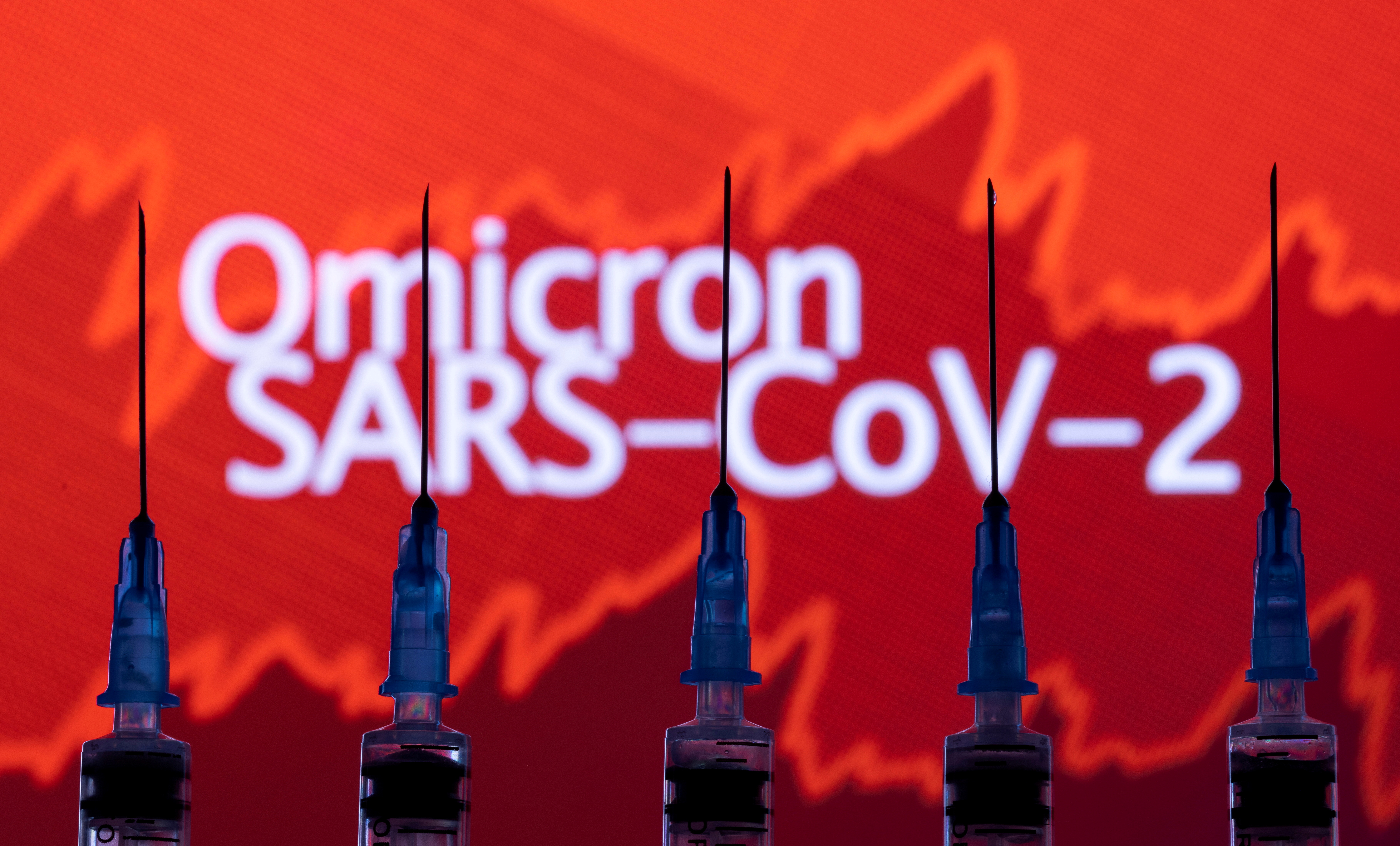 Syringes with needles are seen in front of a displayed stock graph and words "Omicron SARS-CoV-2" in this illustration taken, November 27, 2021. REUTERS/Dado Ruvic/Illustration