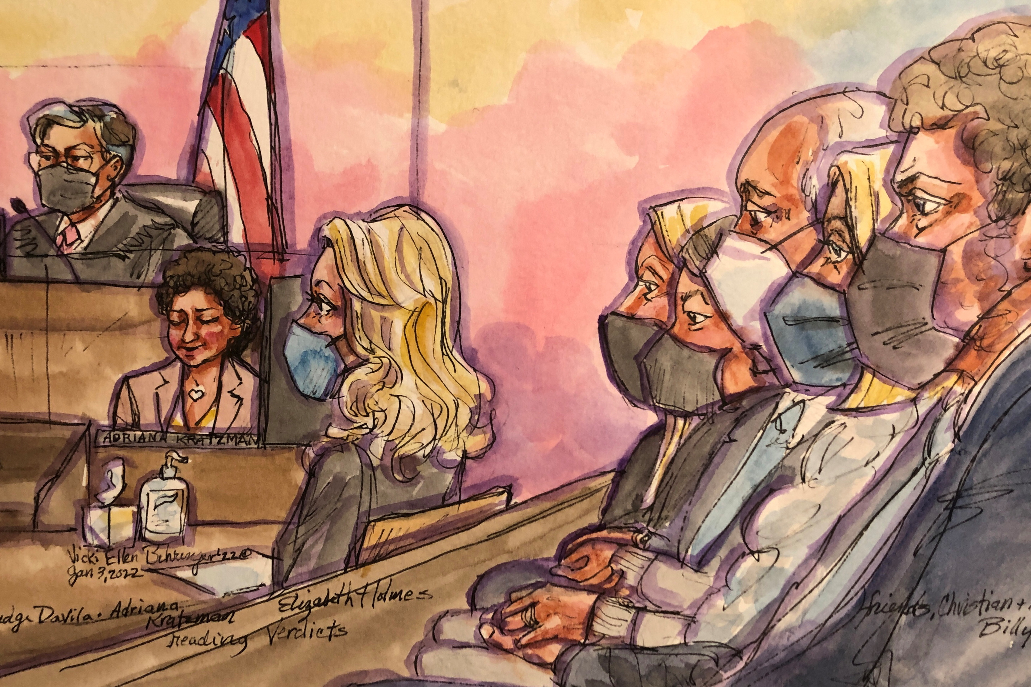 Theranos founder Elizabeth Holmes listens and her family hold hands as the court clerk reads before Judge Edward Davila that she was found guilty on four of 11 counts in her fraud trial at Robert F. Peckham U.S. Courthouse in San Jose, California, U.S., January 3, 2022 in this courtroom sketch. REUTERS/Vicki Behringer