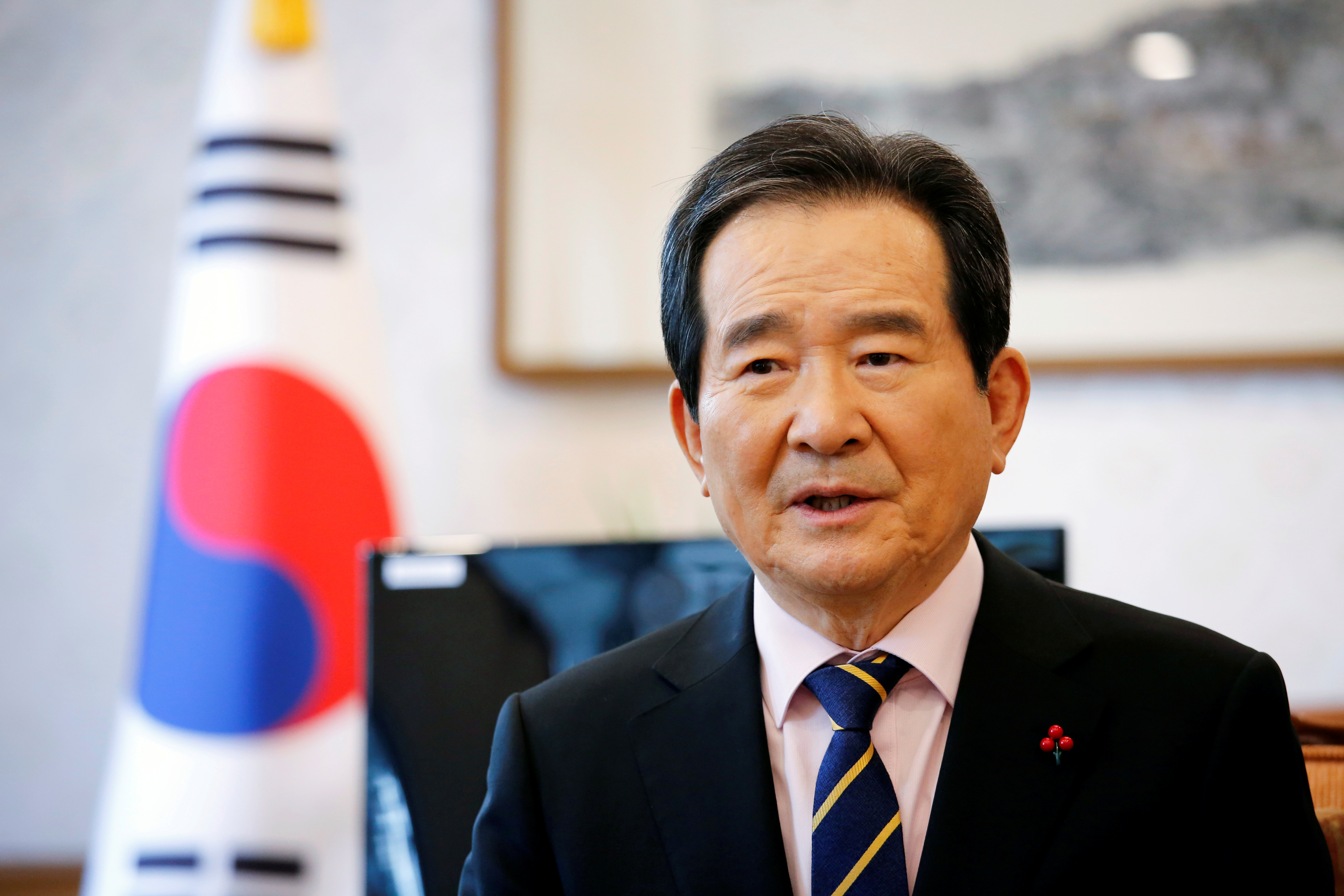 South Korea's Prime Minister Chung Sye-kyun speaks during an interview with Reuters in Seoul