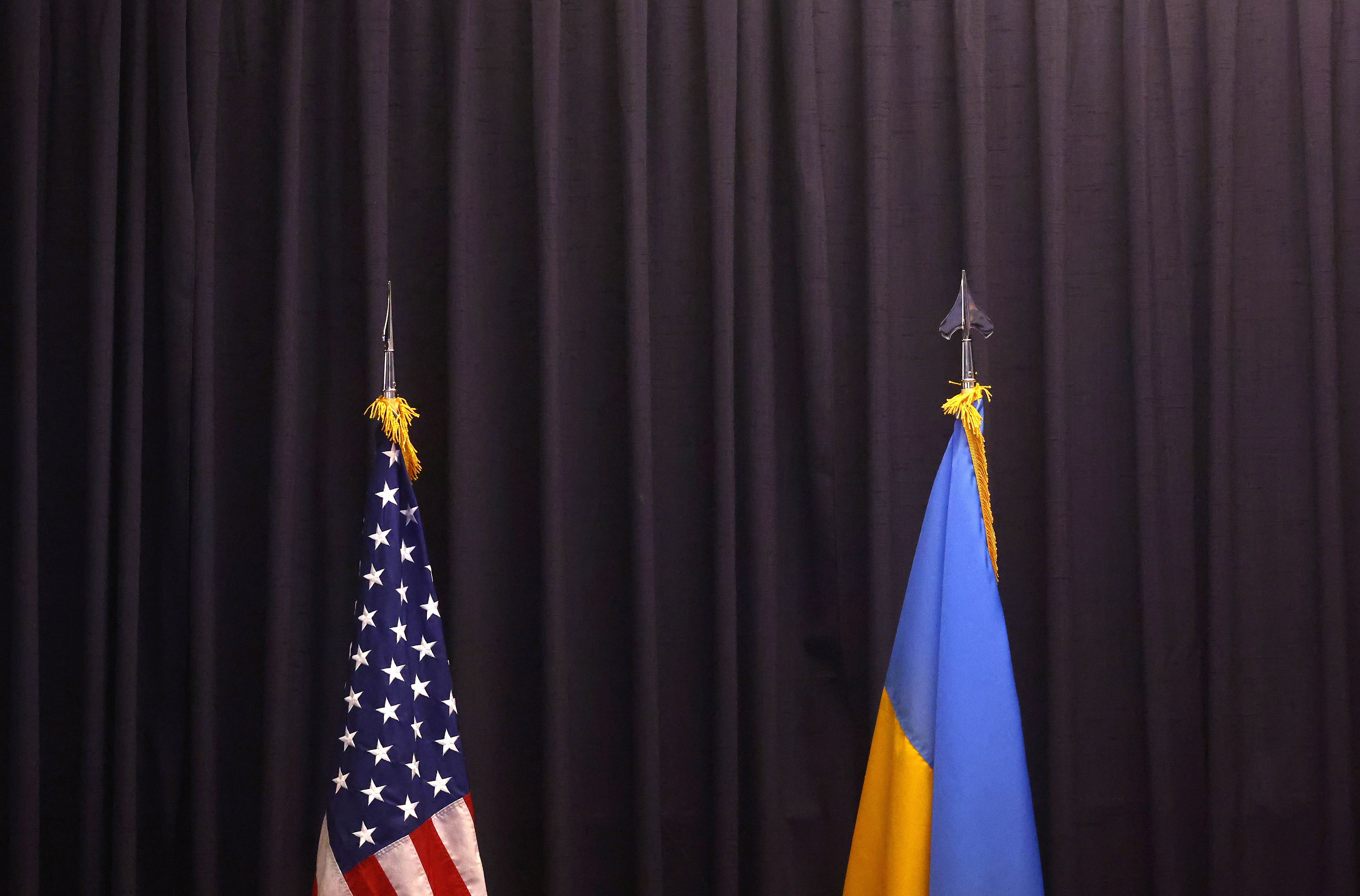 U.S. and Ukrainian flags are pictured prior to the start of the UUkraine Defense Consultative Group meeting hosted by U.S. Secretary of Defense Lloyd Austin in Ramstein