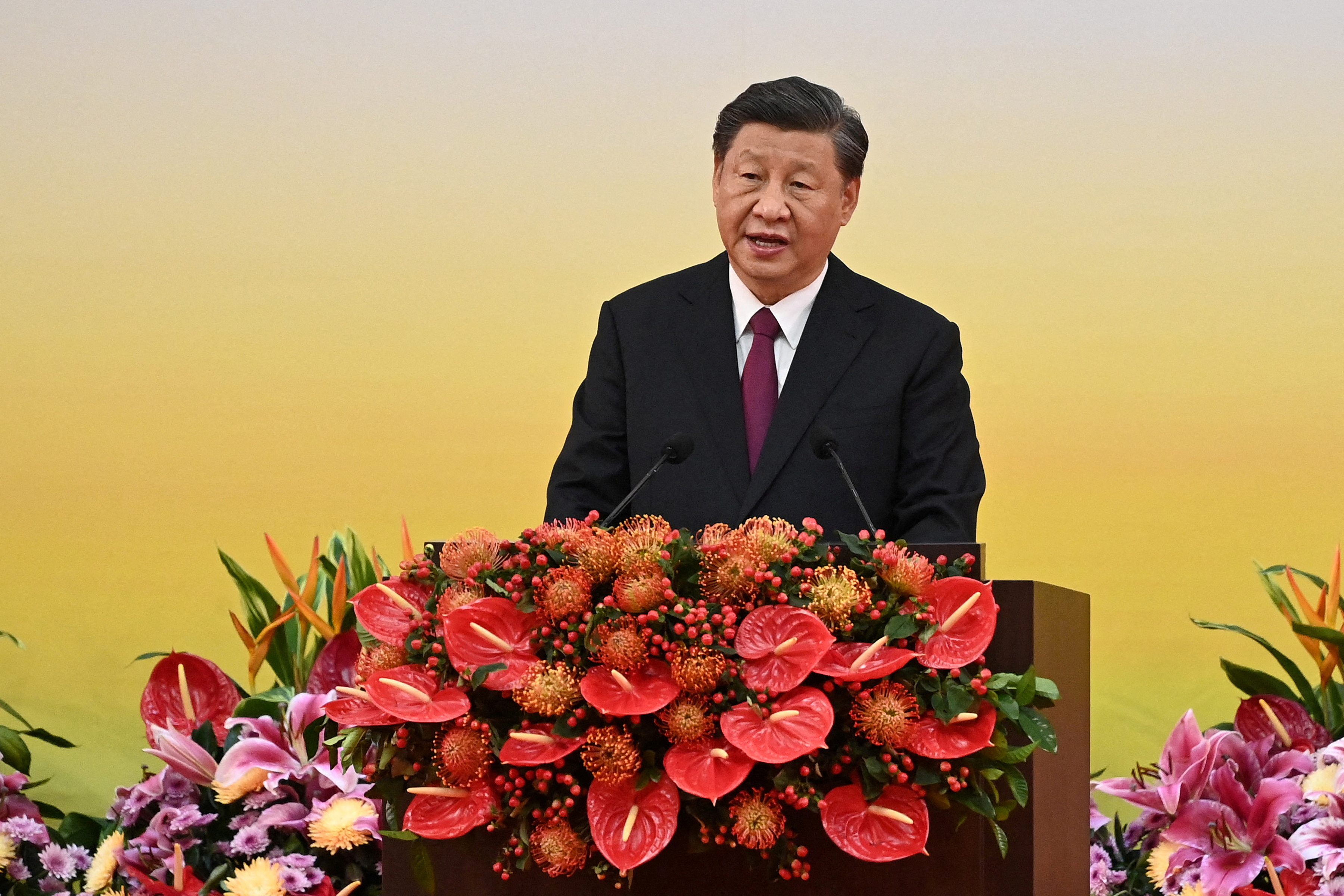 China's President Xi Jinping gives a speech following a swearing-in ceremony to inaugurate the city's new leader and government in Hong Kong