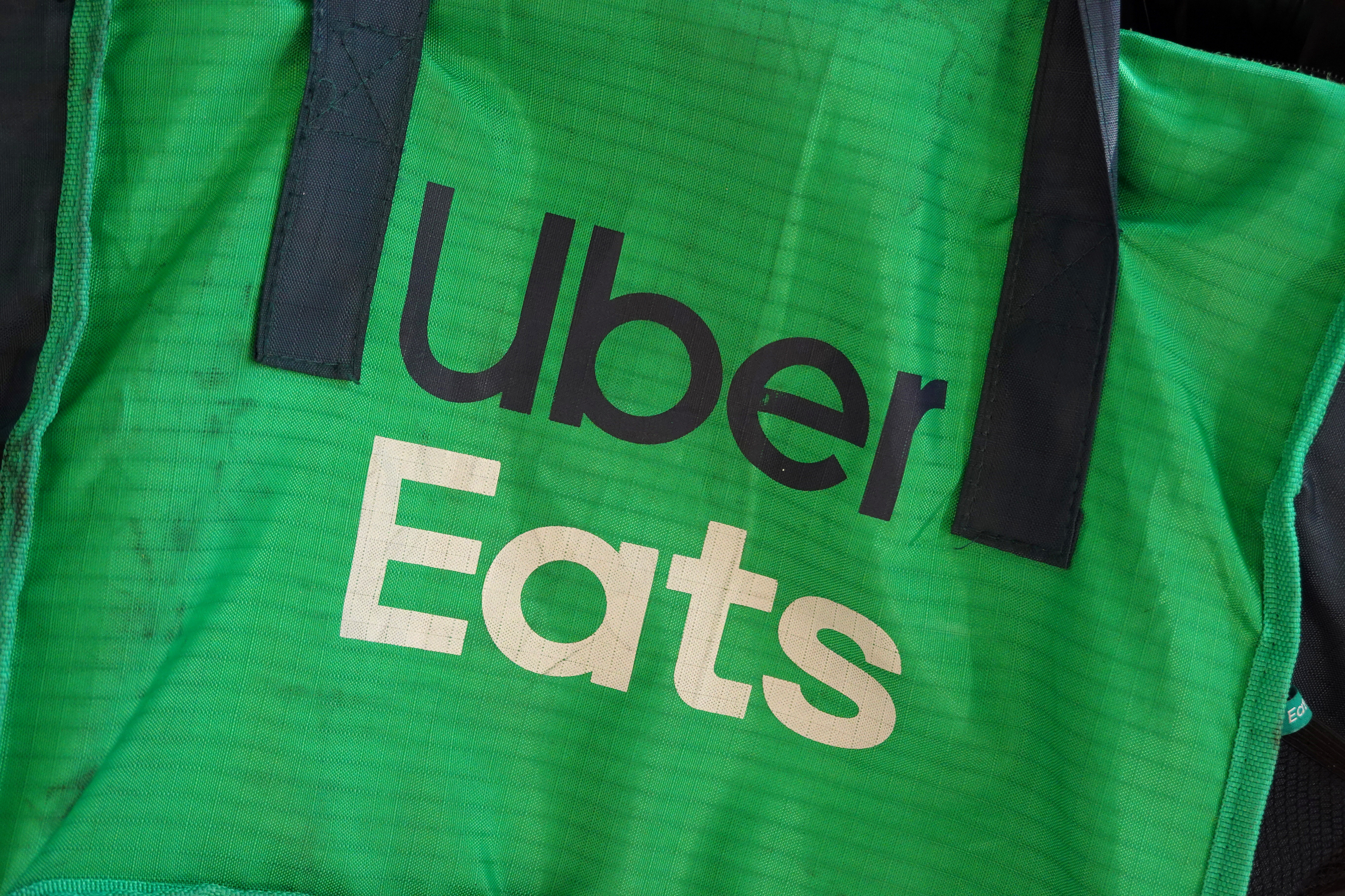 An Uber Eats delivery bag is seen on a bicycle in Brooklyn, New York City