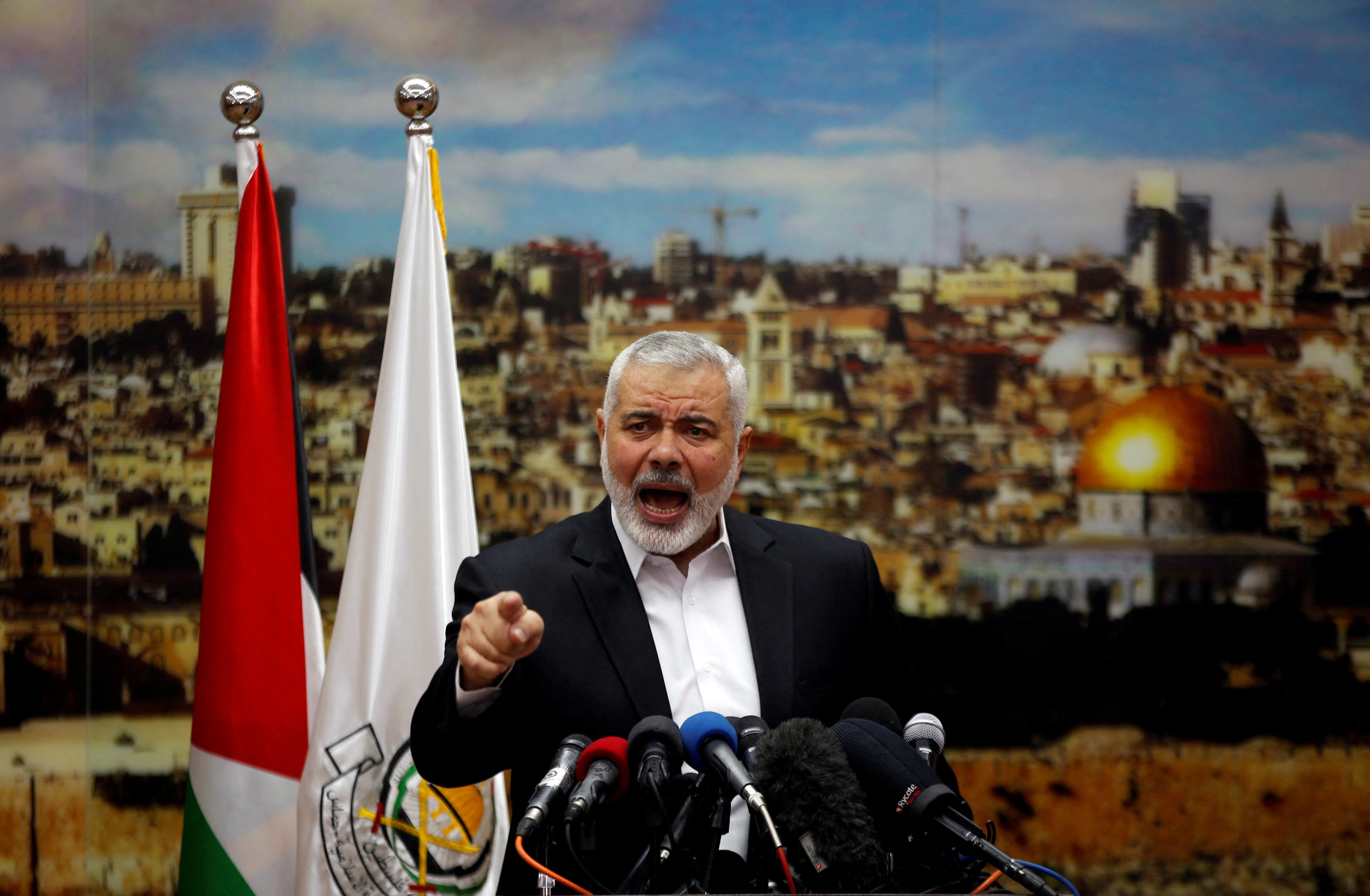Hamas Chief Ismail Haniyeh gestures as he delivers a speech over U.S. President Donald Trump's decision to recognize Jerusalem as the capital of Israel, in Gaza City