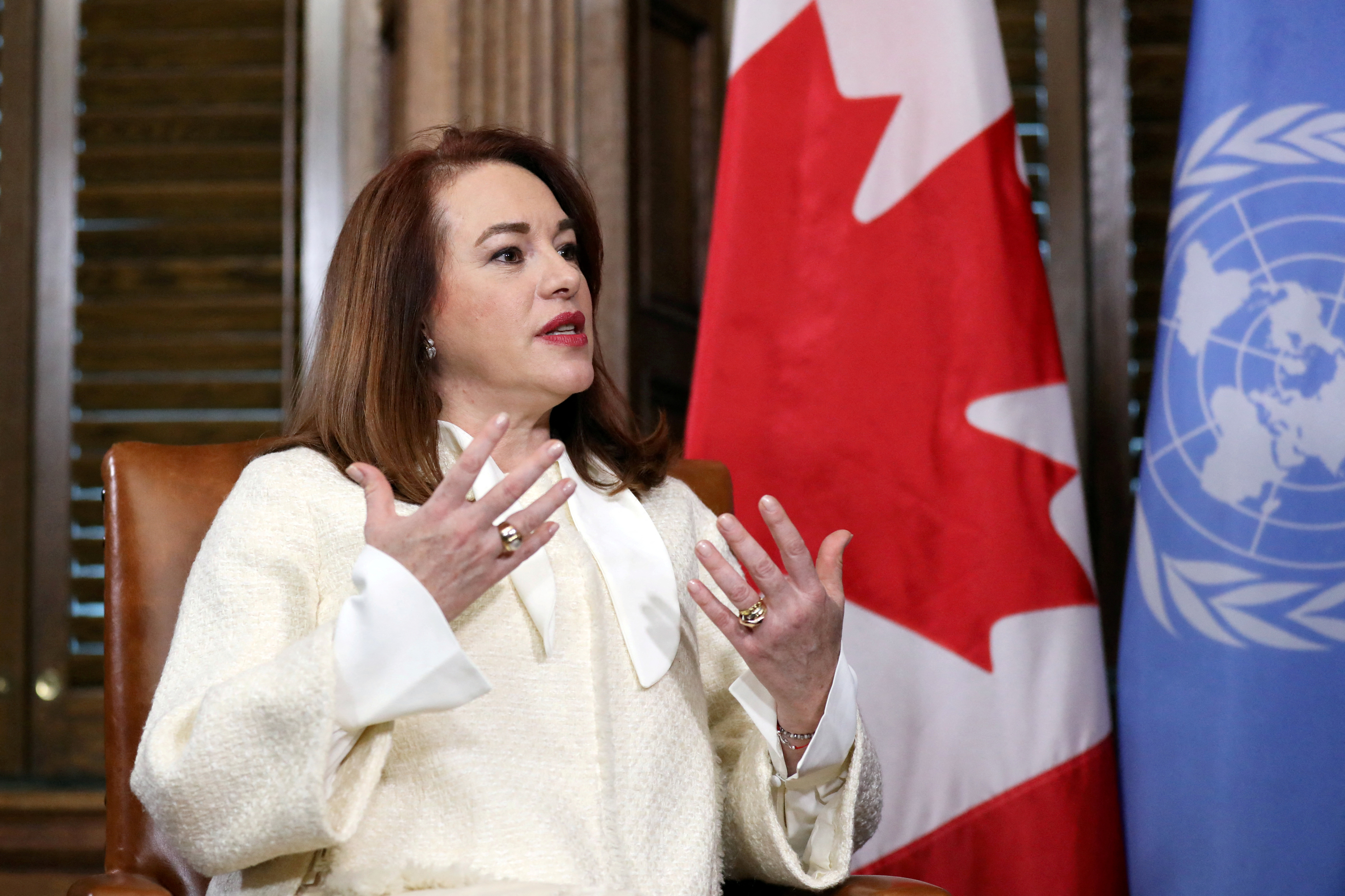 U.N. General Assembly President Maria Fernanda Espinosa Garces speaks during a meeting with Canada's PM Trudeau Hill in Ottawa