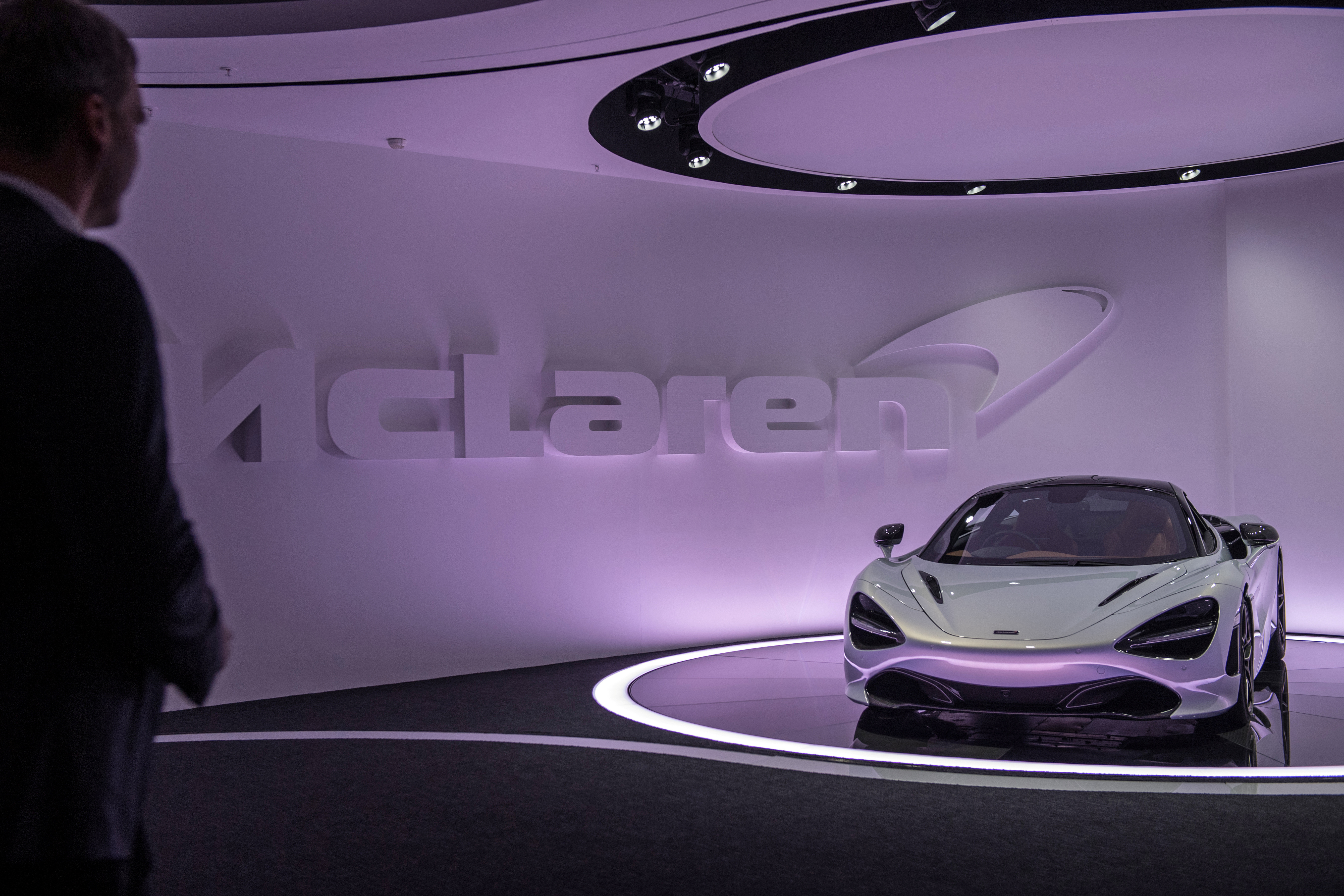 A McLaren 720S is on display at the McLaren Automotive Production Centre Woking