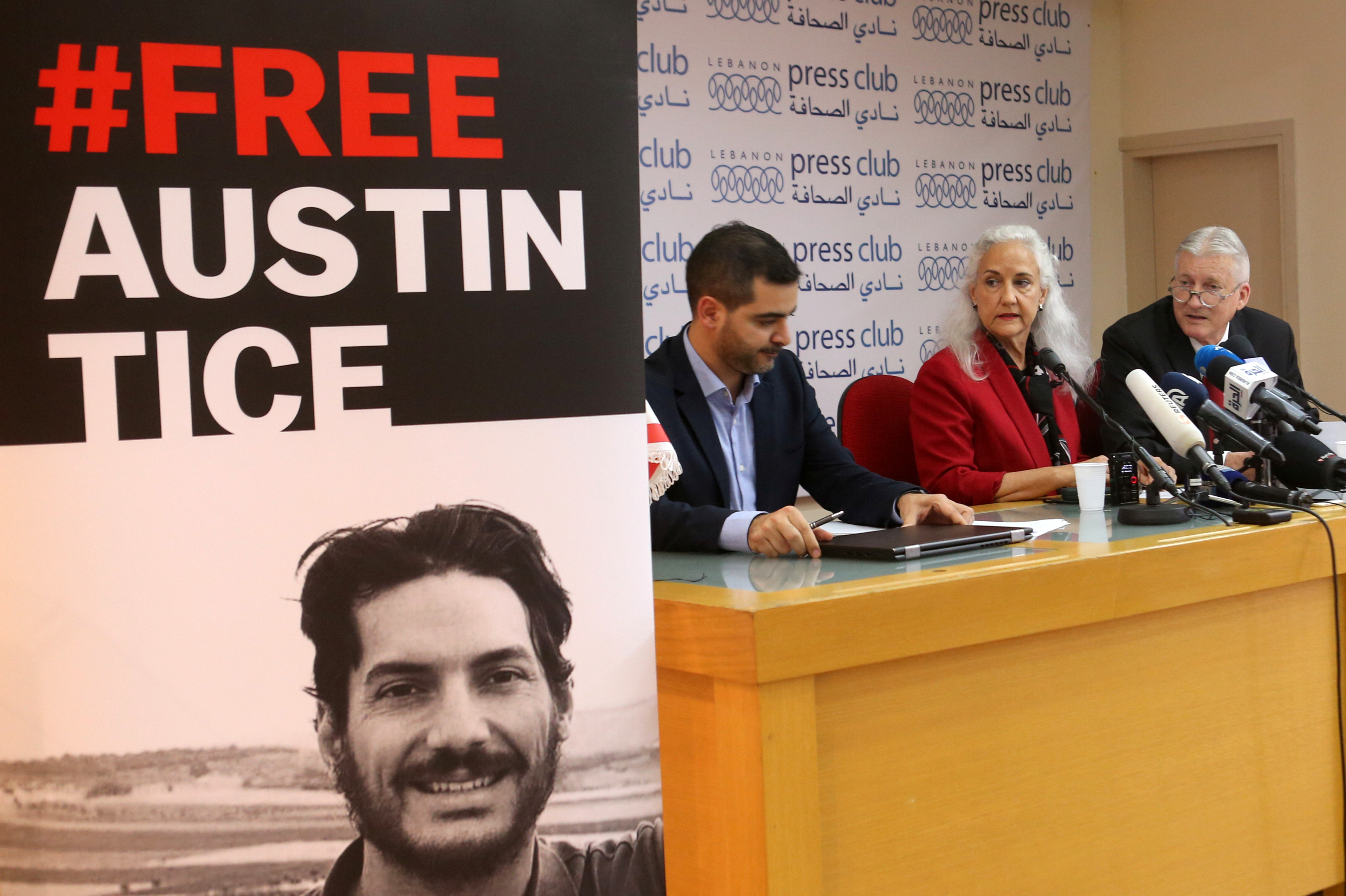 Marc and Debra Tice, parents of U.S. journalist Austin Tice, talk during a news conference in Beirut
