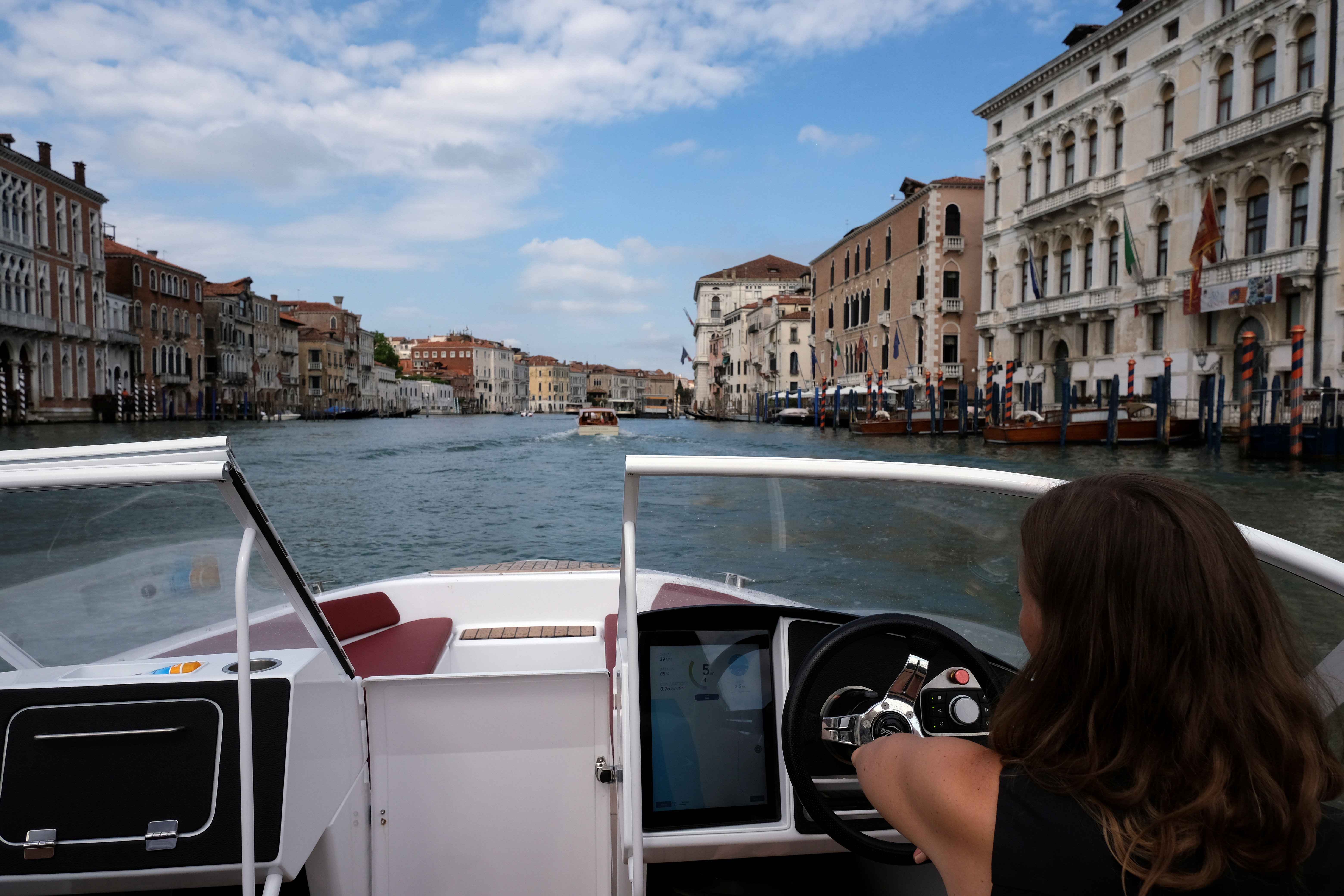 A new Swedish-designed electric boat is tested during the Salone Nautico in the lagoon city of Venice