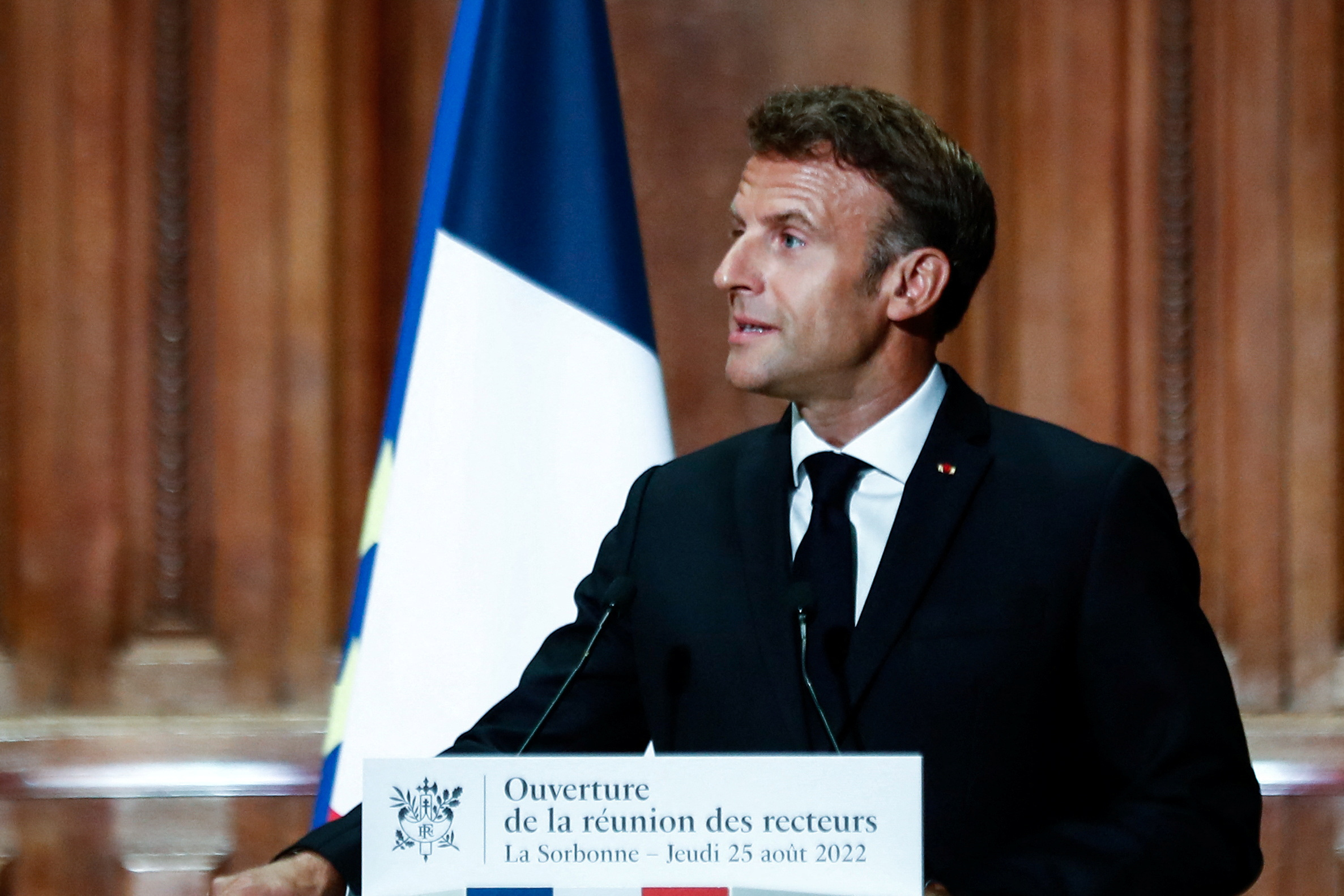 French President Macron attends a meeting on education at the Sorbonne university in Paris