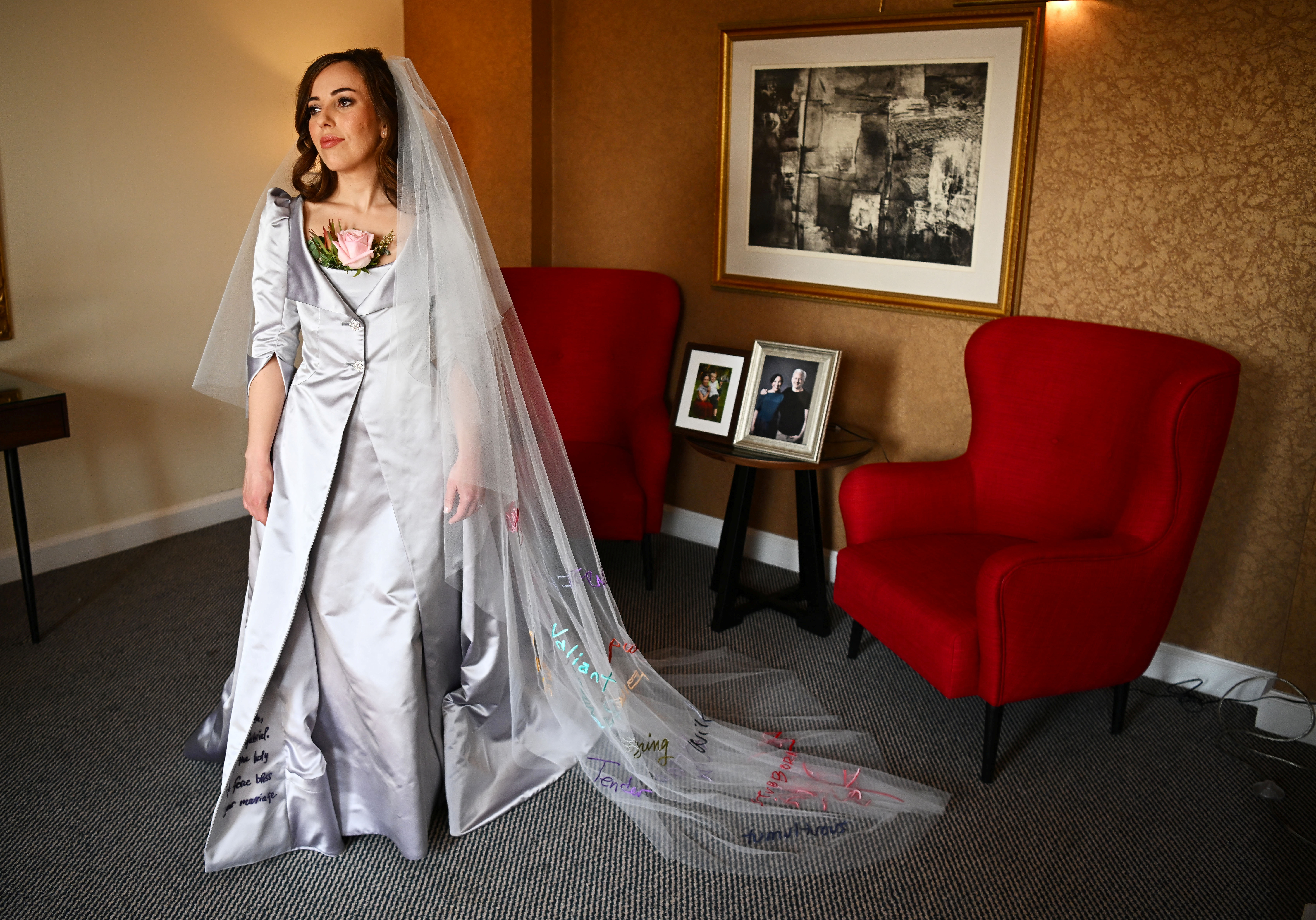 Stella Moris, the partner of Wikileaks founder Julian Assange, is photographed in her Vivienne Westwood designed wedding dress in London