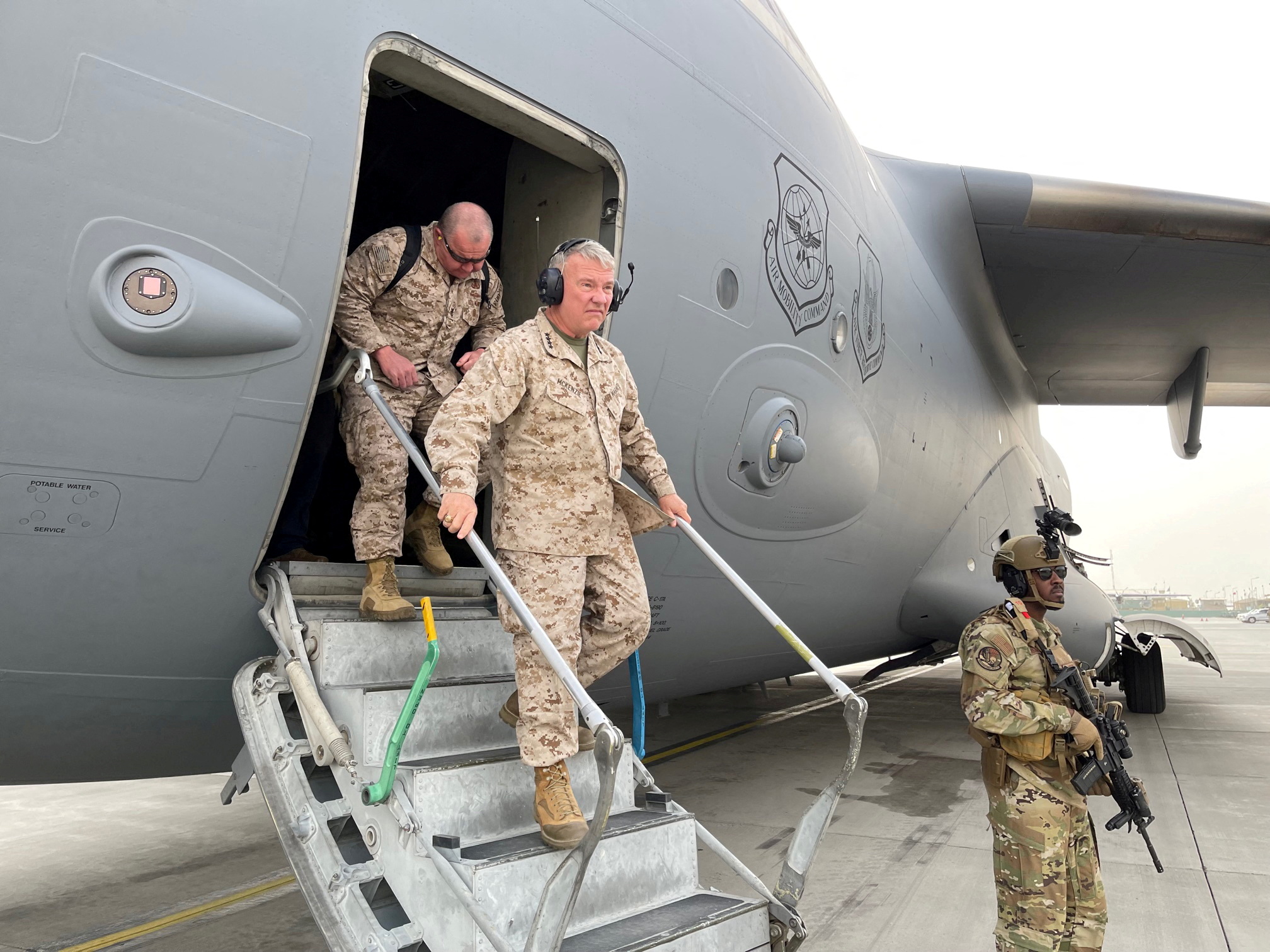 U.S. Marine Corps Gen. Frank McKenzie, the commander of U.S. Central Command, arrives at Hamid Karzai International Airport, in Kabul, Afghanistan