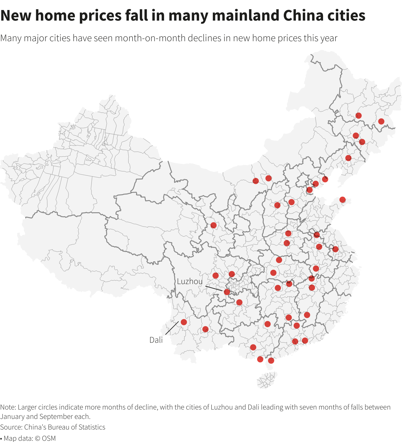 New home prices fall in many mainland China cities
