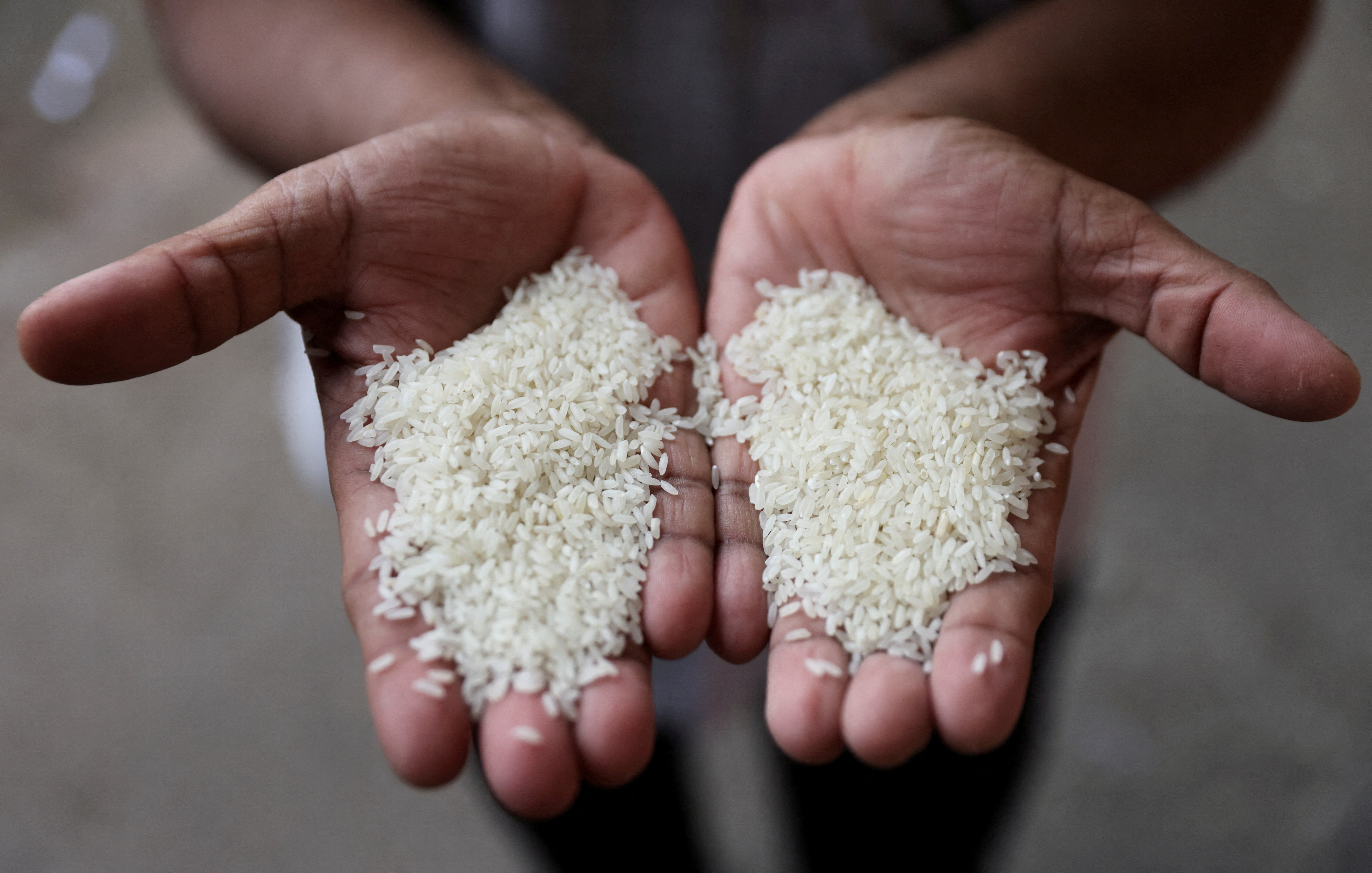 Man compares different grains of rice at a wholesale market in Navi Mumbai