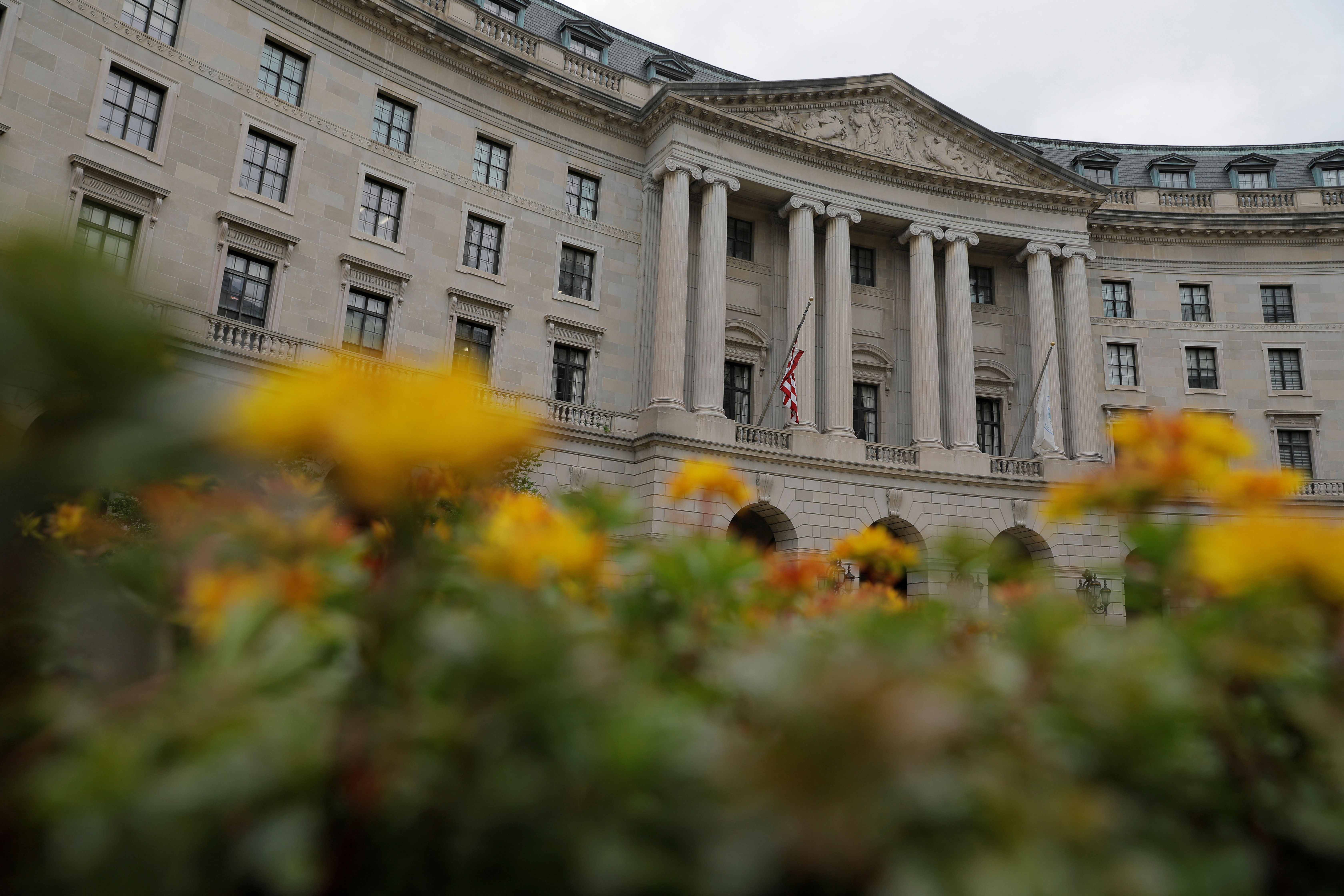 Flowers are seen in front of the headquarters of the United States Environmental Protection Agency (EPA) in Washington, D.C.