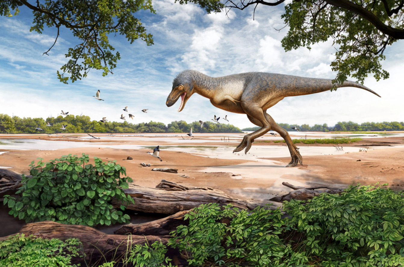 Uma reconstrução artística da paisagem do período Cretáceo de 67 milhões de anos em Dakota do Norte com um tiranossauro rex juvenil