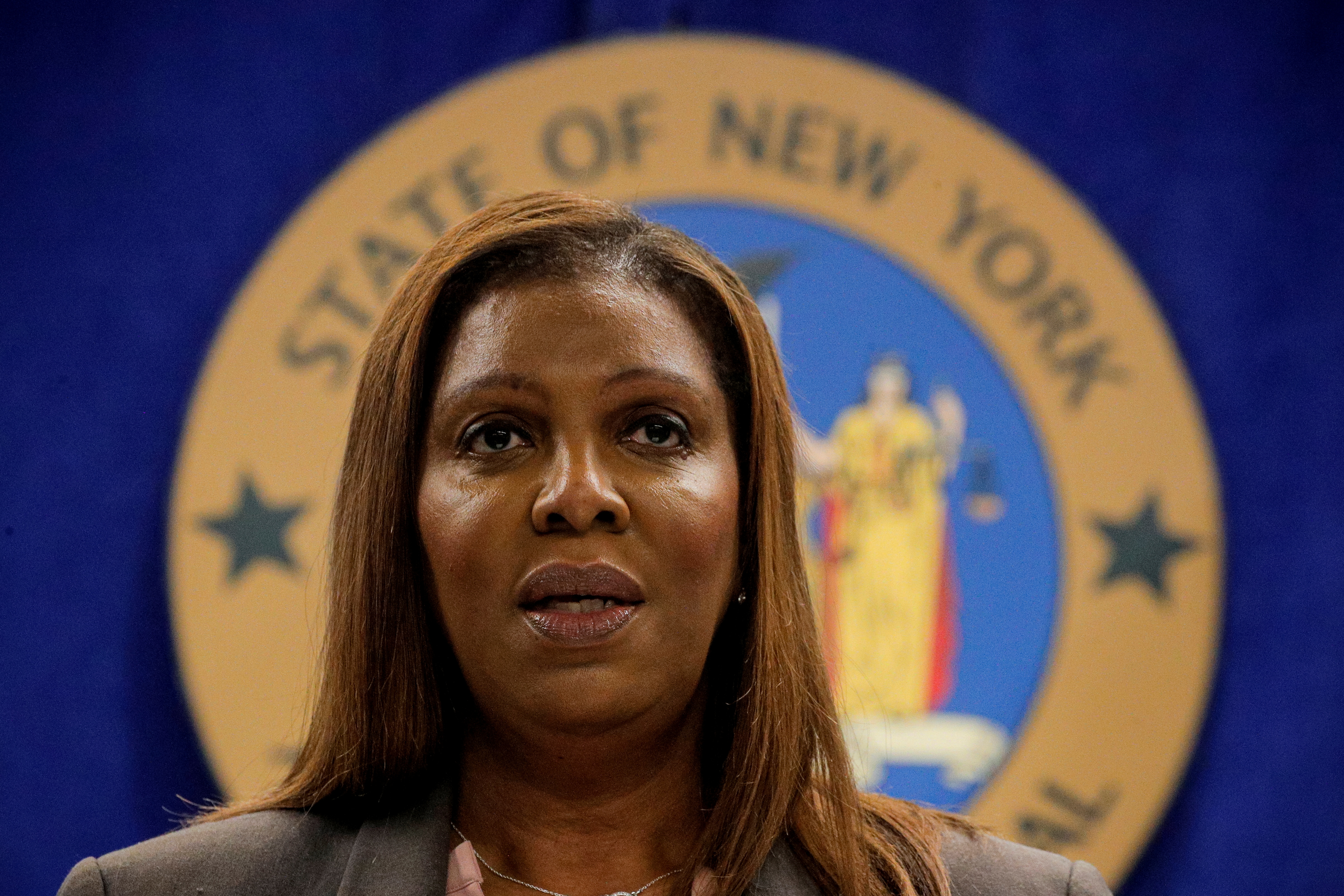 New York State Attorney General, Letitia James, speaks during a news conference, to announce criminal justice reform in New York City, U.S., May 21, 2021.  REUTERS/Brendan McDermid