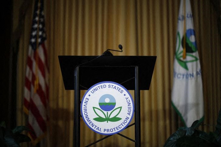 Podium awaits the arrival of U.S. EPA Acting Administrator Andrew Wheeler to address staff at EPA Headquarters in Washington