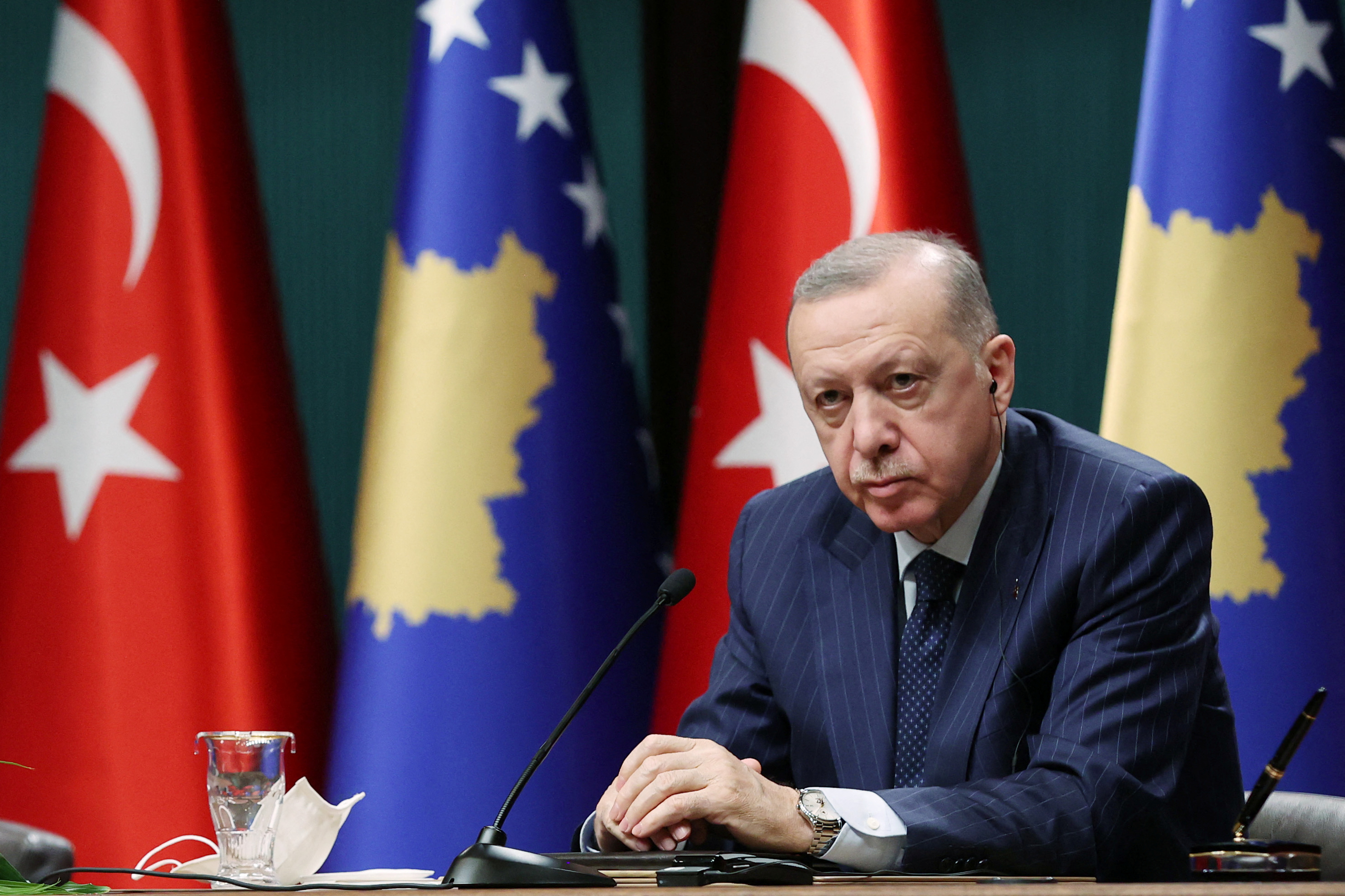 Turkish President Erdogan attends a news conference in Ankara