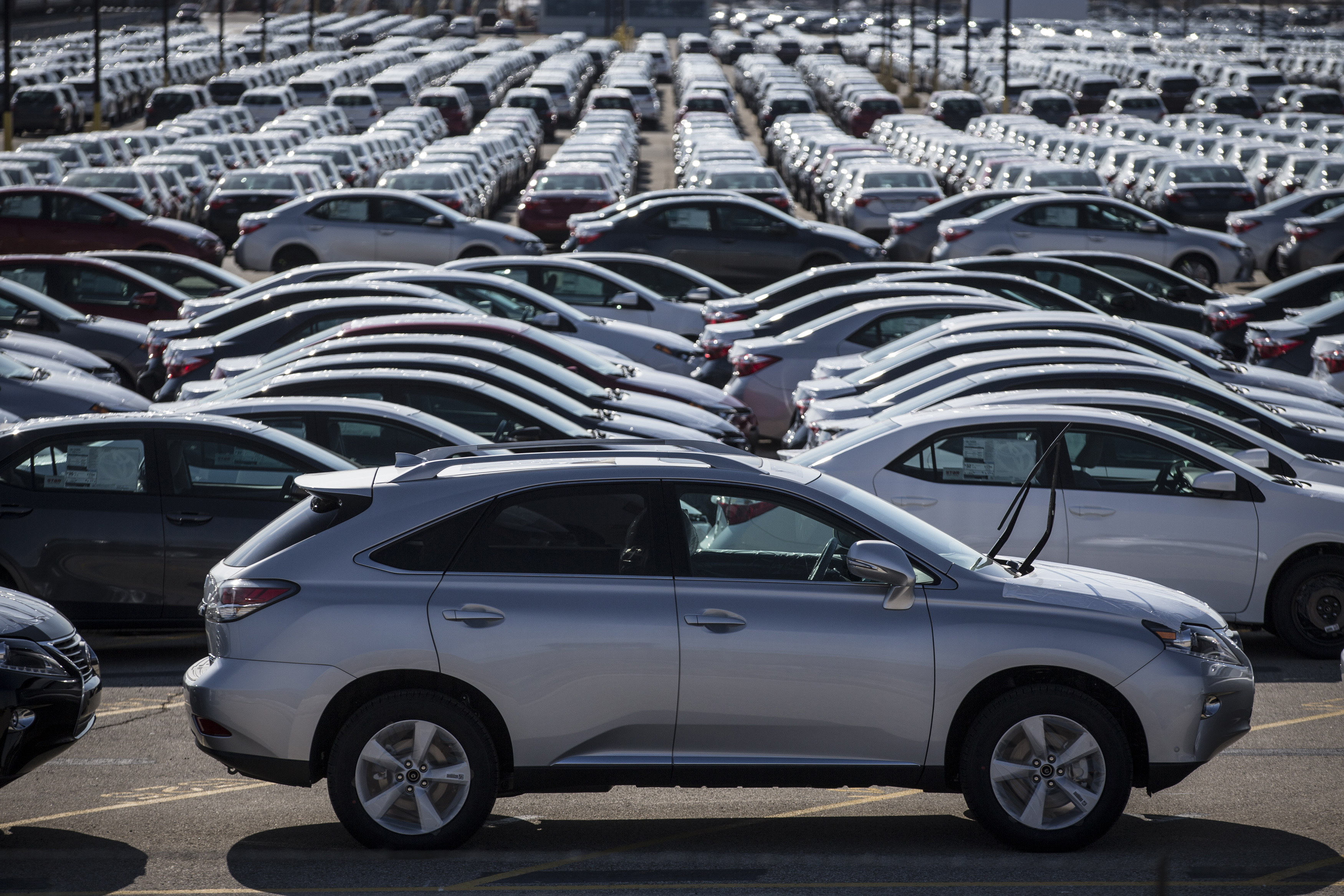 New cars are seen at the Toyota plant in Cambridge