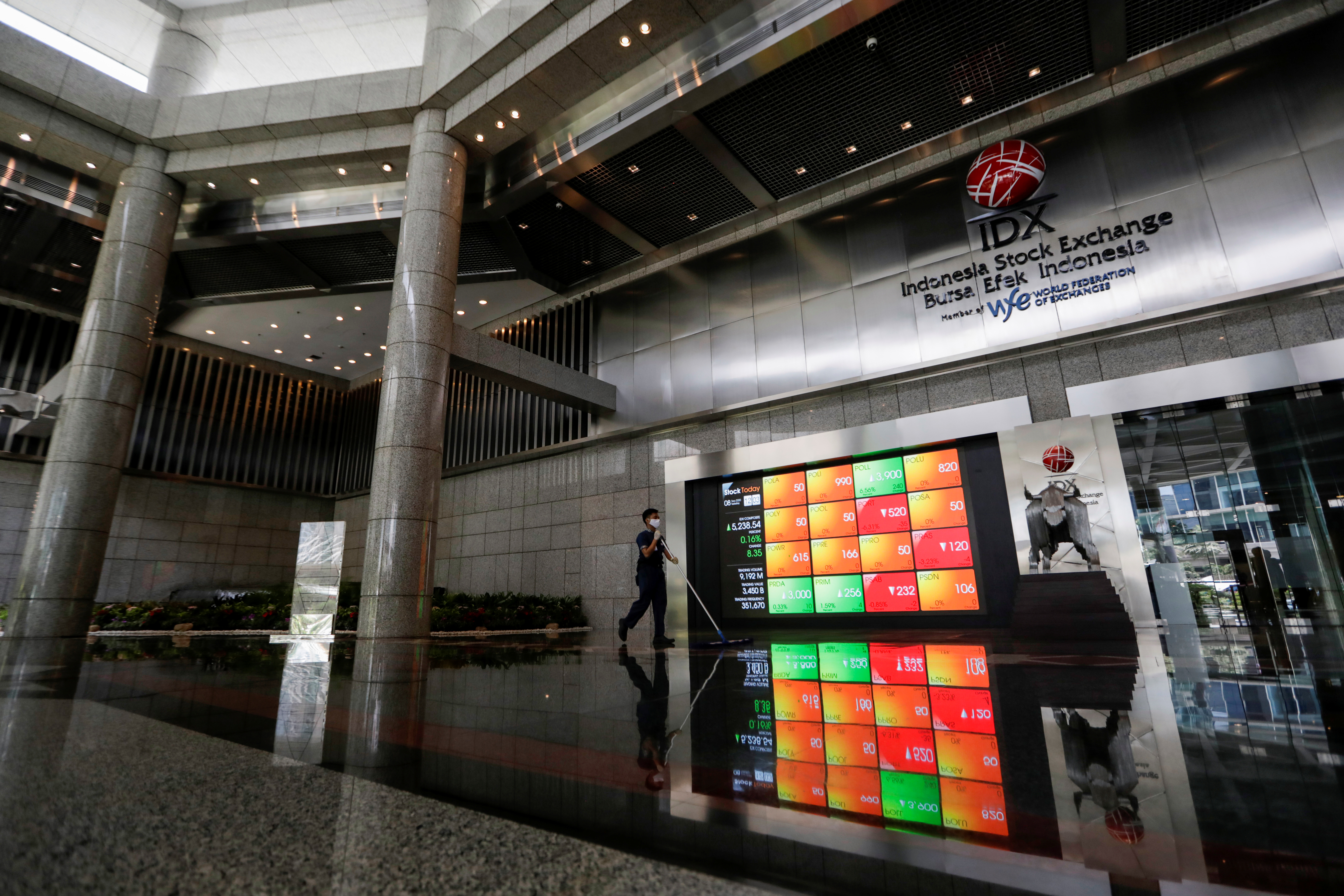 A worker wearing a protective mask cleans the floor near an electronic board displaying the stock market index at the Indonesia Stock Exchange (IDX), in Jakarta