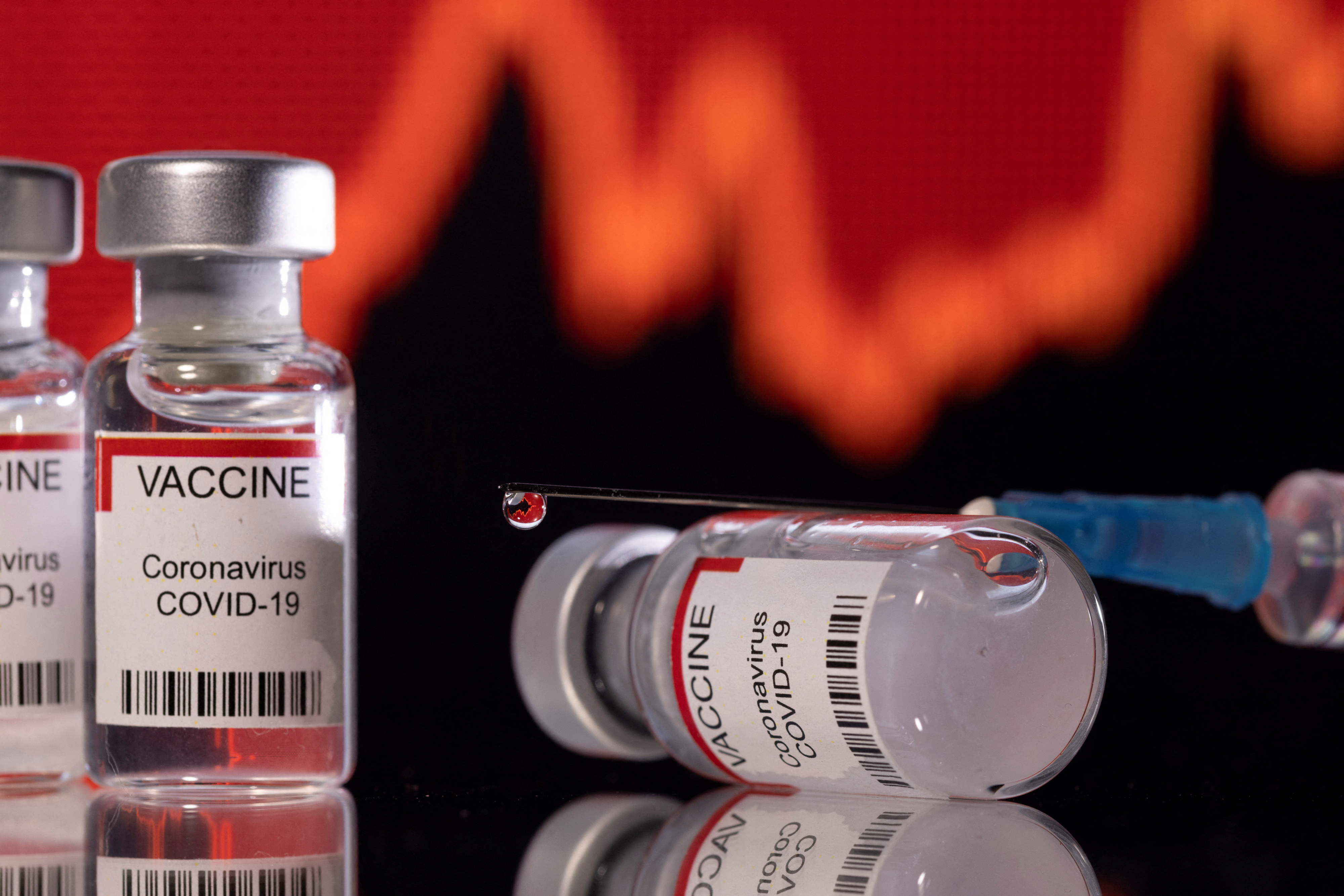 Illustration shows vials labelled "VACCINE Coronavirus COVID-19" and a syringe in front of a displayed graph