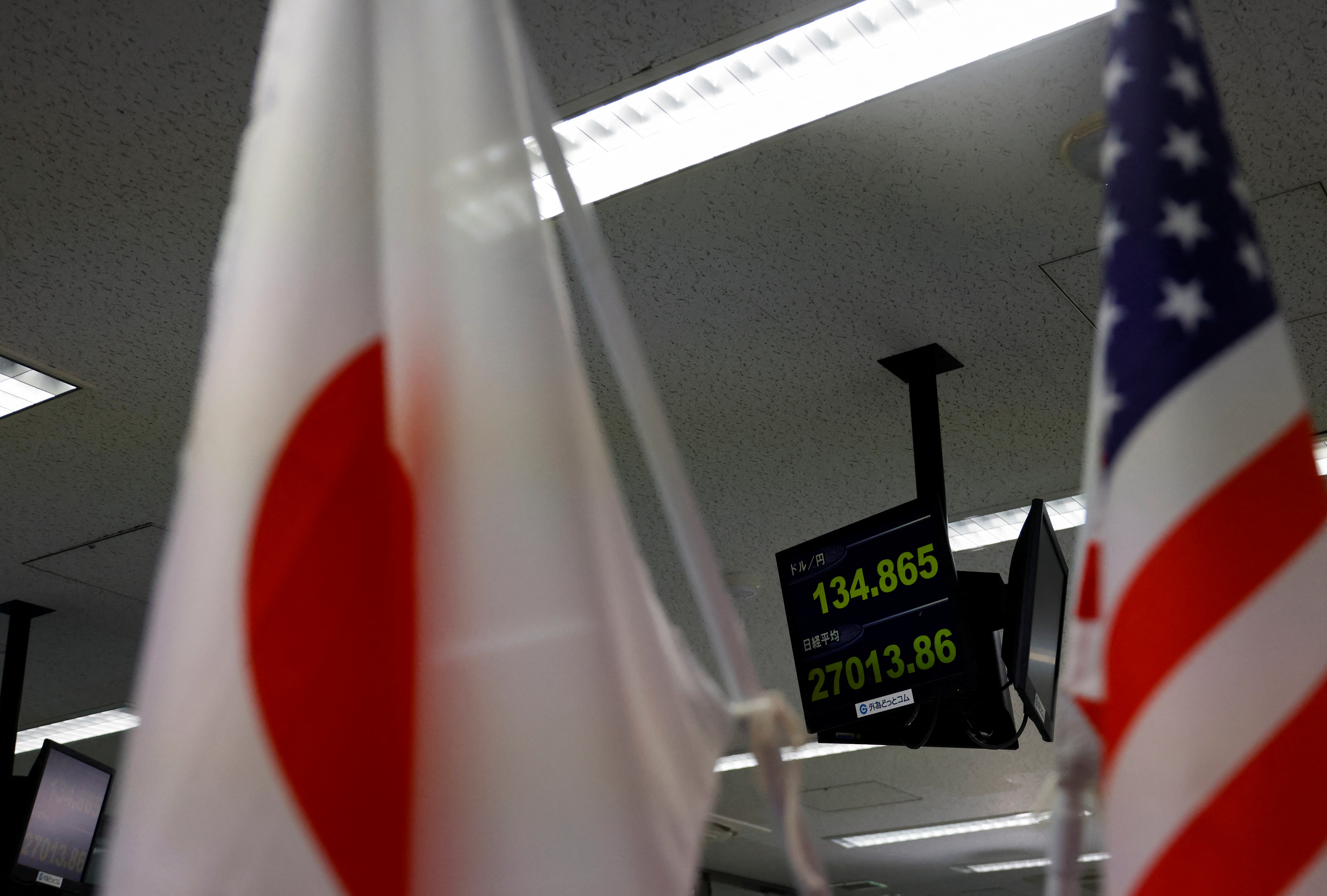 Monitor shows the Japanese yen exchange rate against the U.S. dollar and Nikkei share average in Tokyo