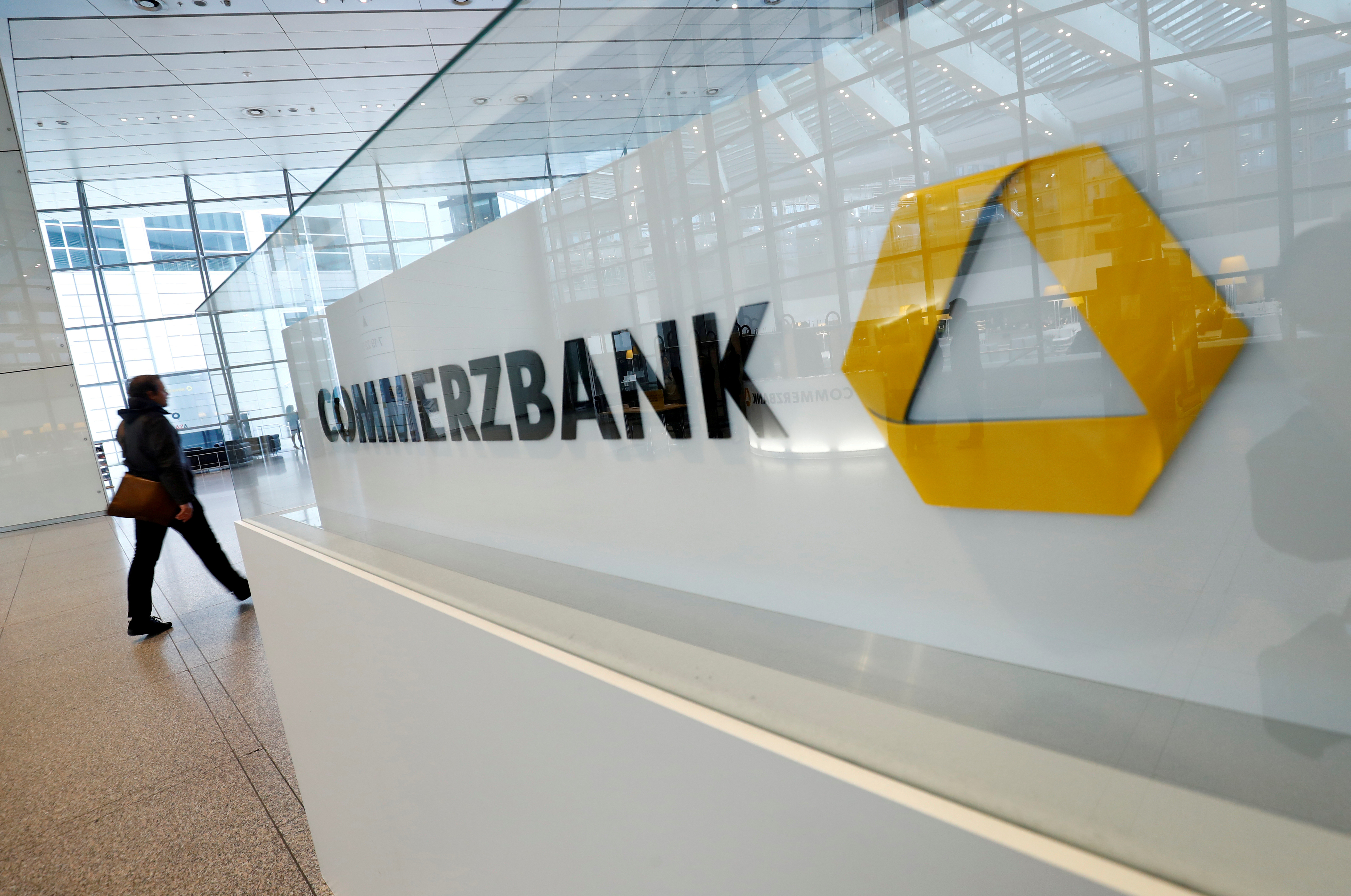 A company logo is pictured at the headquarters of Germany's Commerzbank