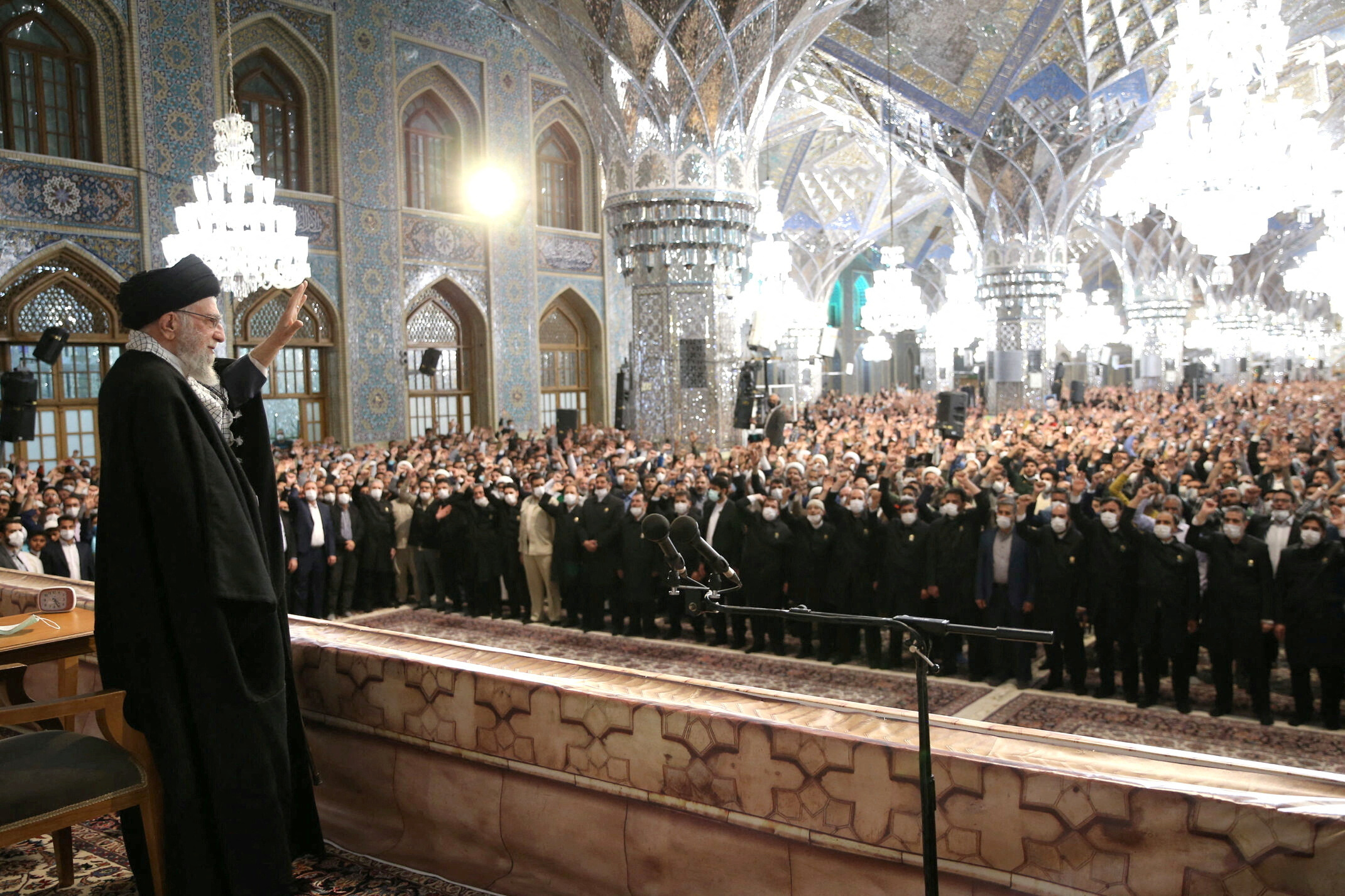Iran's Supreme Leader Ayatollah Ali Khamenei at a public rally in Mashhad
