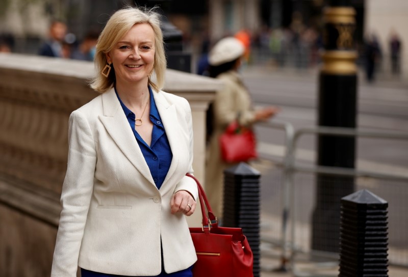 Britain's Trade Minister Liz Truss walks after the ceremony of State Opening of Parliament at the Palace of Westminster, amid the coronavirus disease (COVID-19) restrictions, in London, Britain, May 11, 2021. REUTERS/John Sibley