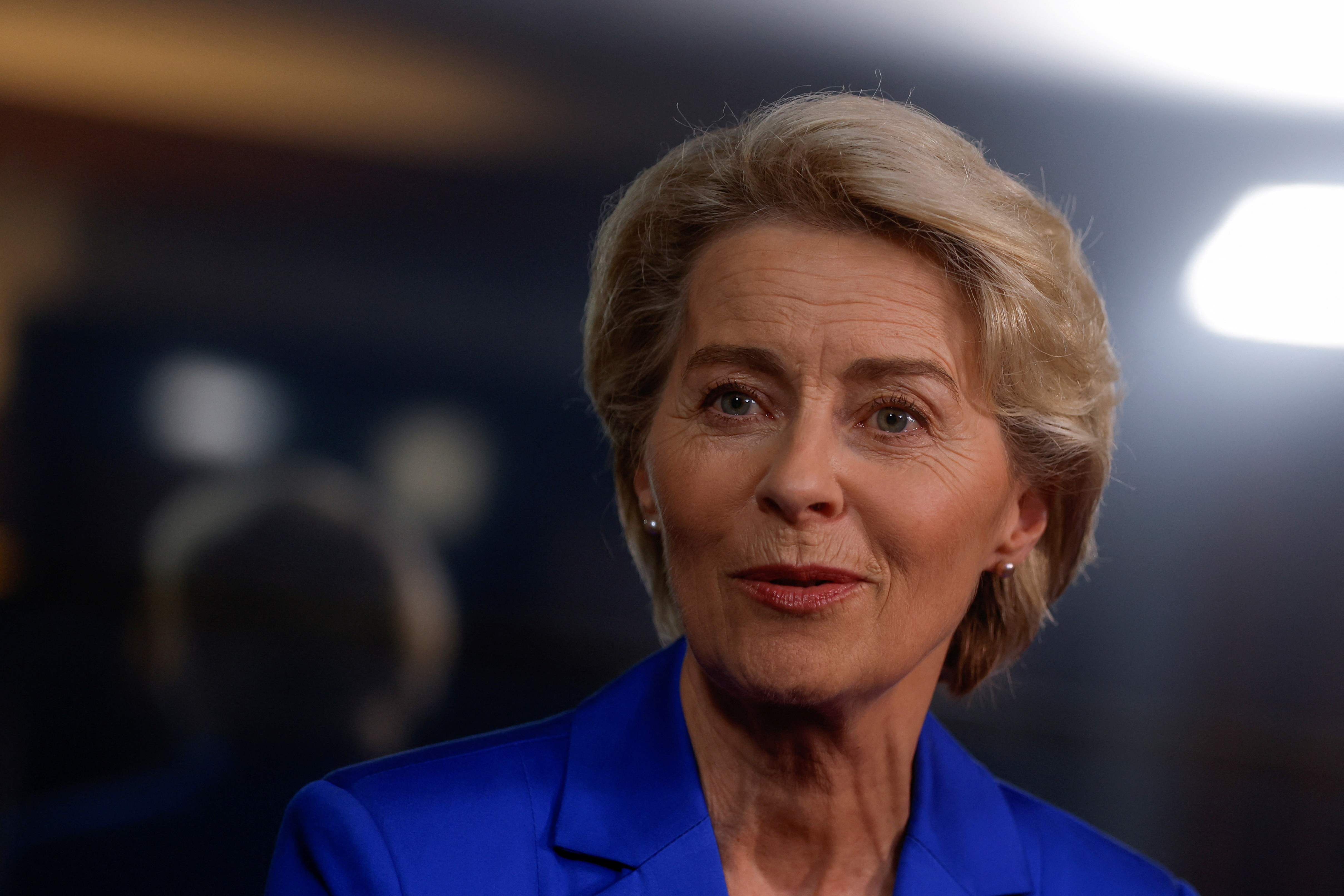 European Commission President von der Leyen speaks during an interview in Kyiv