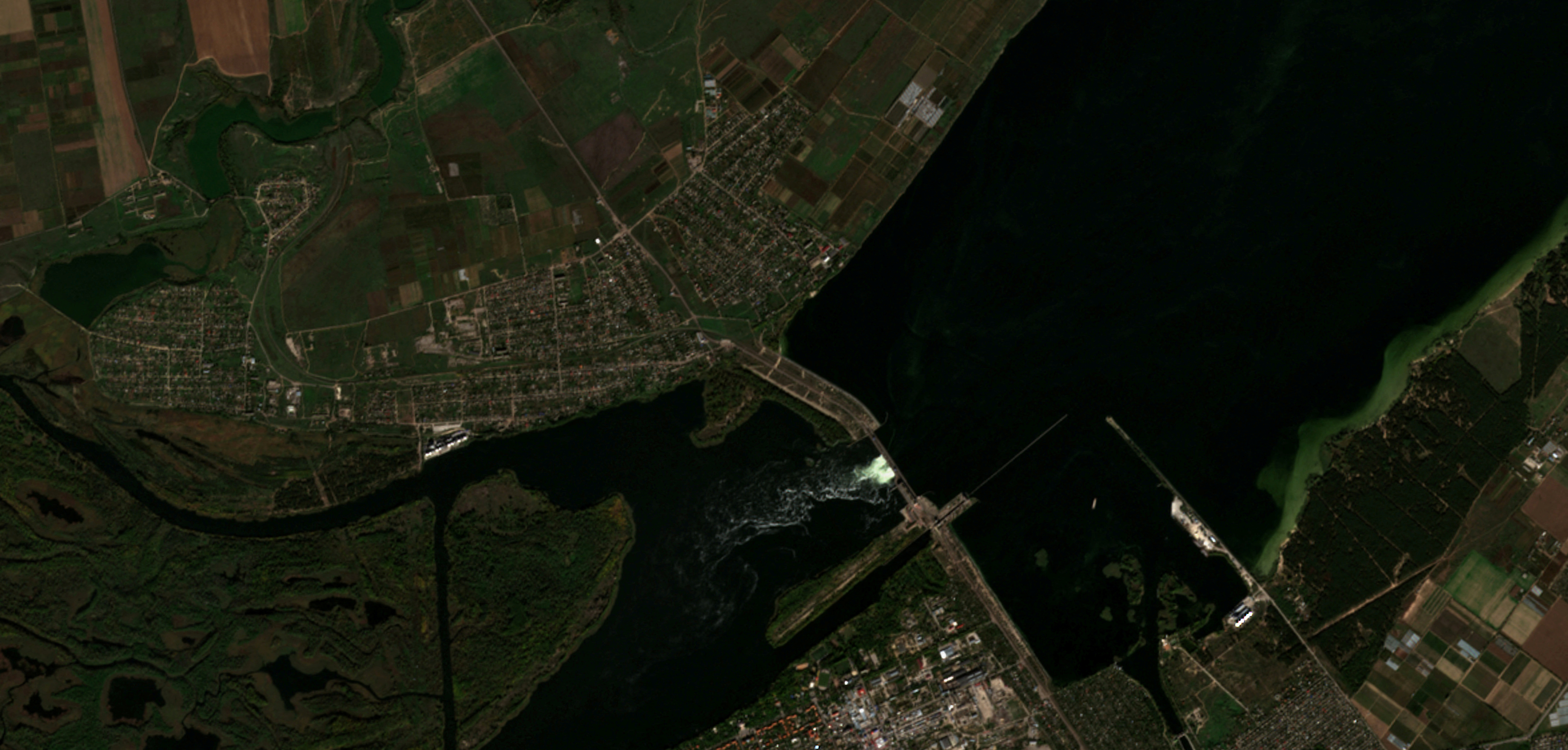 A satellite image shows a view of the location of the Kakhovka dam and the surrounding region in Kherson Oblast