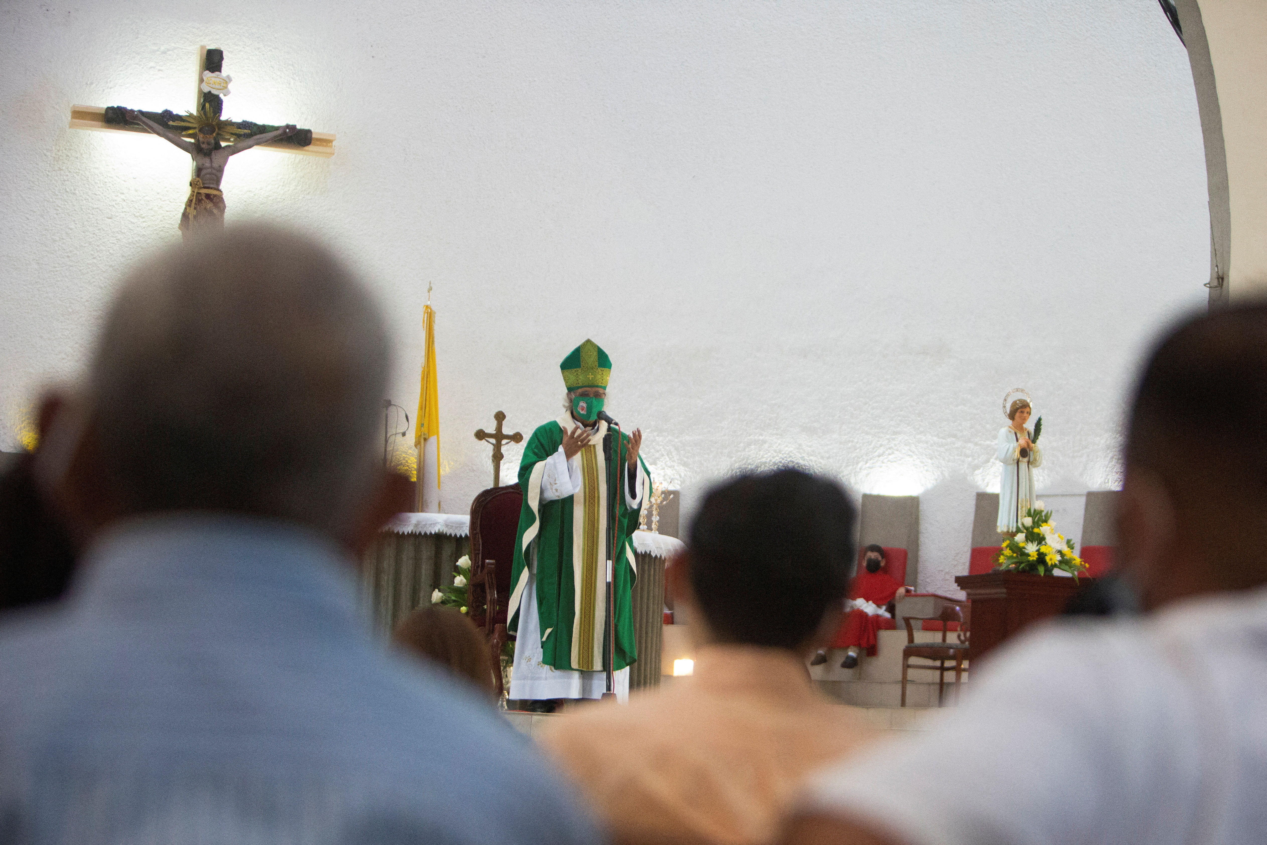 Roman Catholic Cardinal Leopoldo Brenes leads a mass for parishioners at Metropolitan Cathedral in Managua