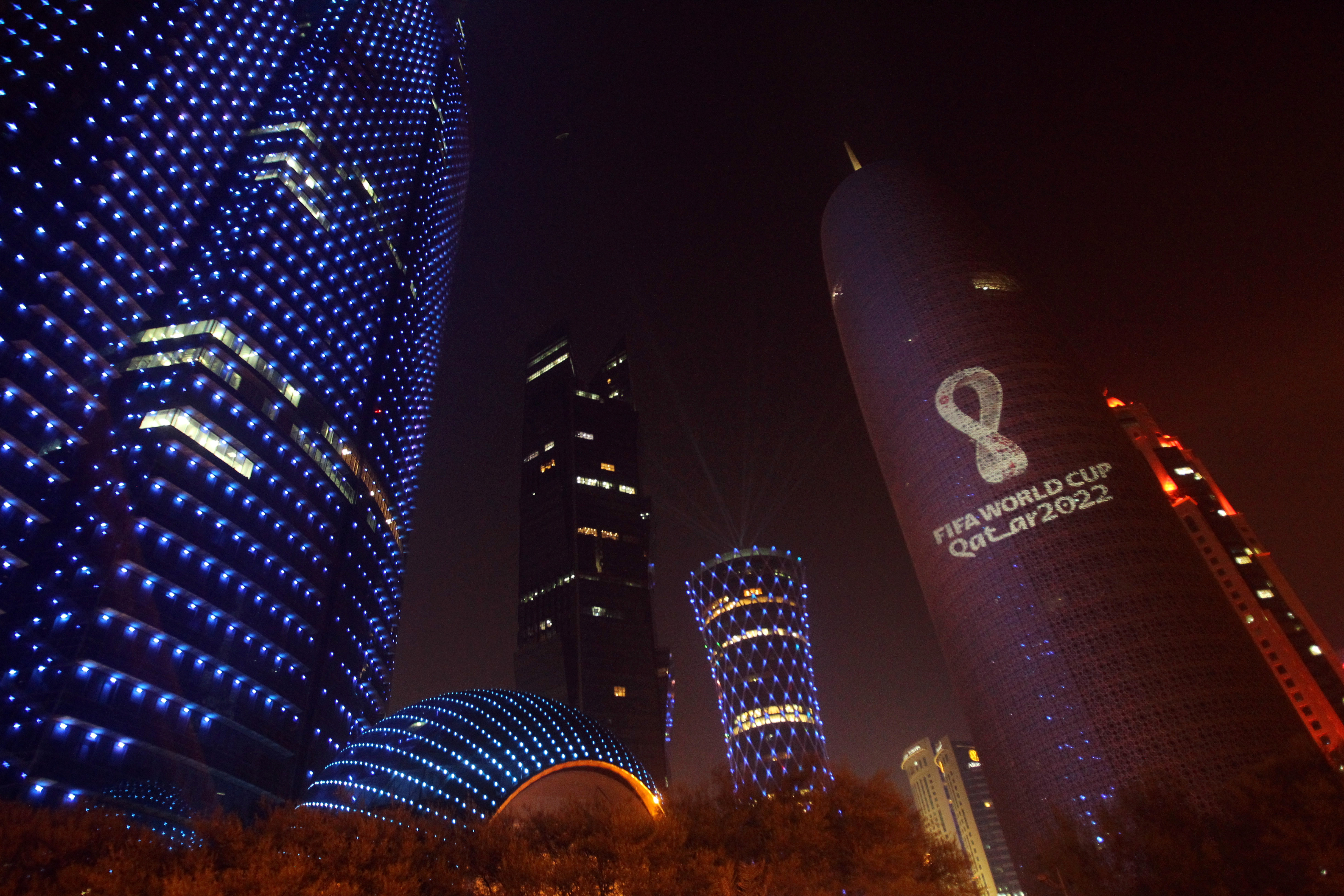 The tournament's official logo for the 2022 Qatar World Cup is seen on the Doha Tower, in Doha