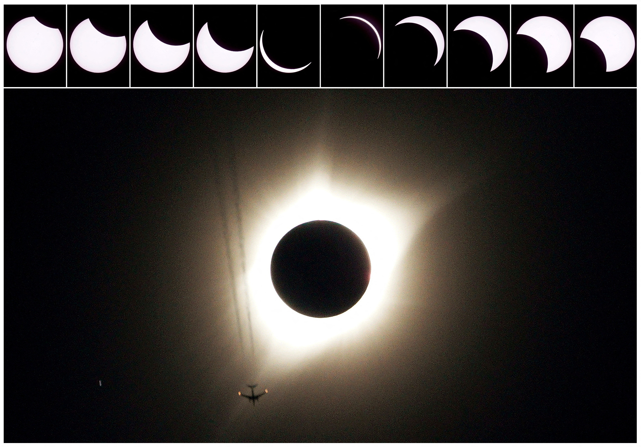 A combination of ten pictures shows the progression of a partial solar eclipse near as a jet plane flies by the total solar eclipse in Guernsey