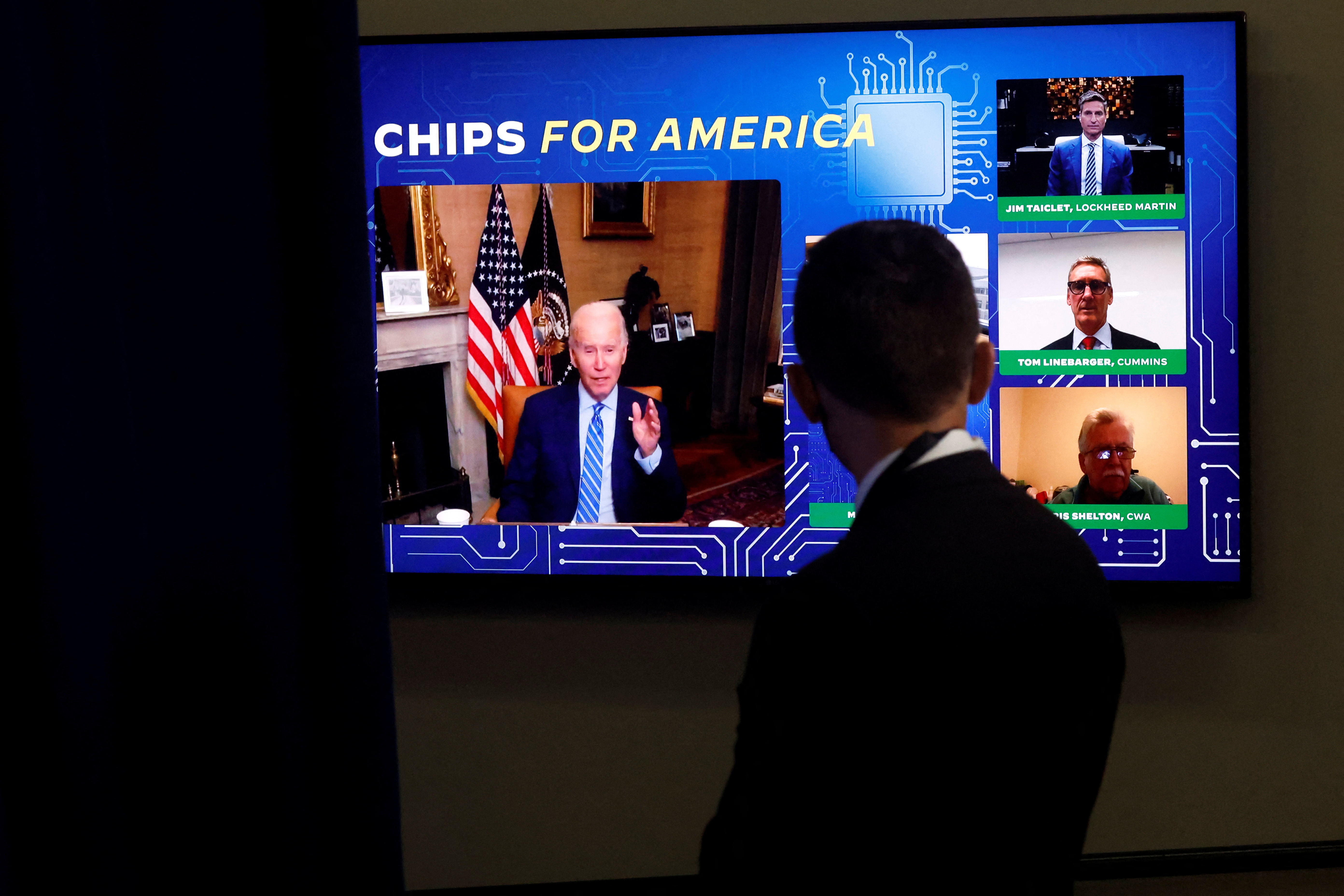 U.S. President Biden's virtual meeting with business and labor leaders about the Chips Act in Washington