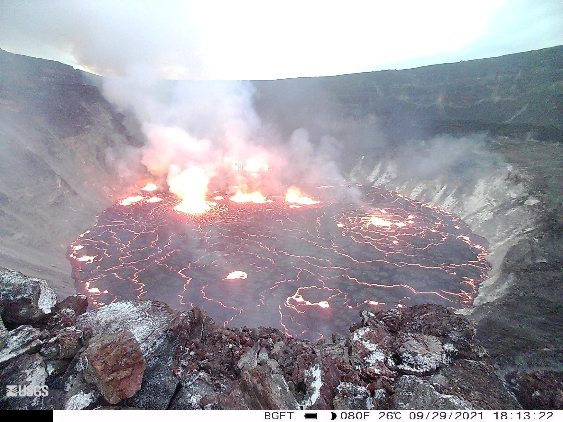 General view of lava surfacing on the Halema'uma'u crater of Kilauea volcano in Kilauea, Hawaii, U.S. September 29, 2021, in this still image provided by the USGS surveillance camera. Mandatory credit USGS/via REUTERS