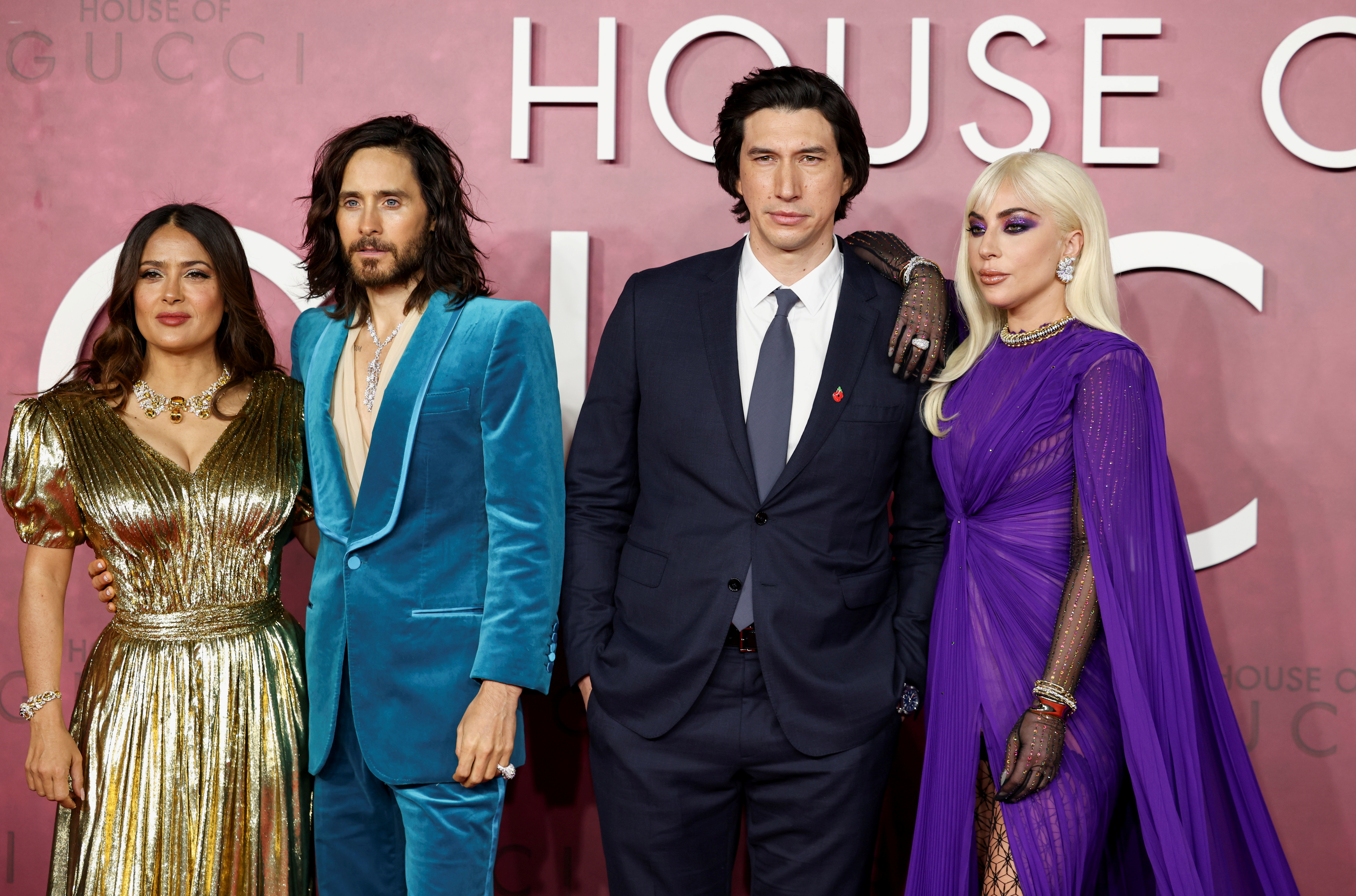 Cast members Salma Hayek, Jared Leto, Adam Driver, and Lady Gaga arrive at the UK Premiere of the film 'House of Gucci' at Leicester Square in London, Britain, November 9, 2021. REUTERS/Henry Nicholls